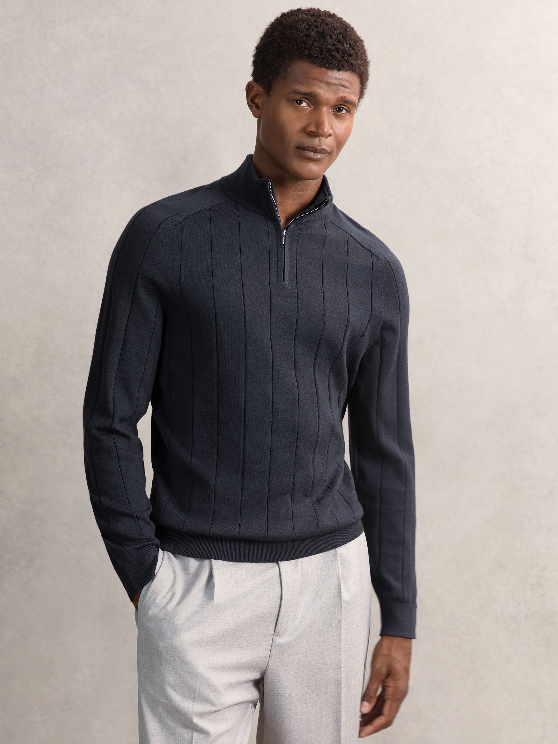Merino Wool Wide-Rib Half-Zip Jumper in Airforce Blue