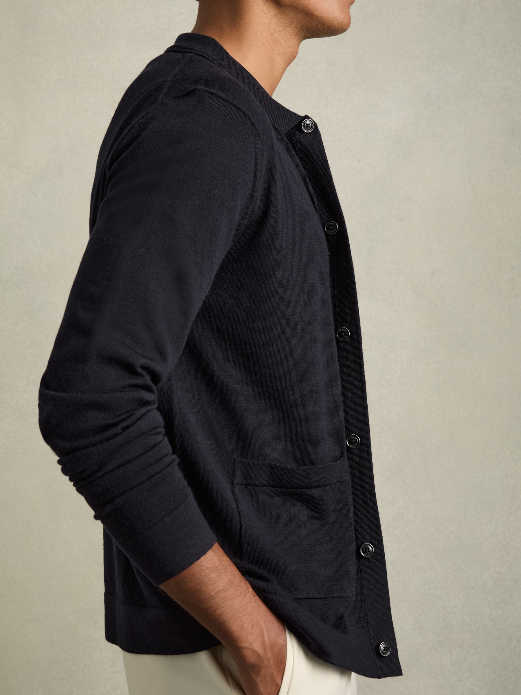 Merino Wool Button-Through Cardigan in Navy