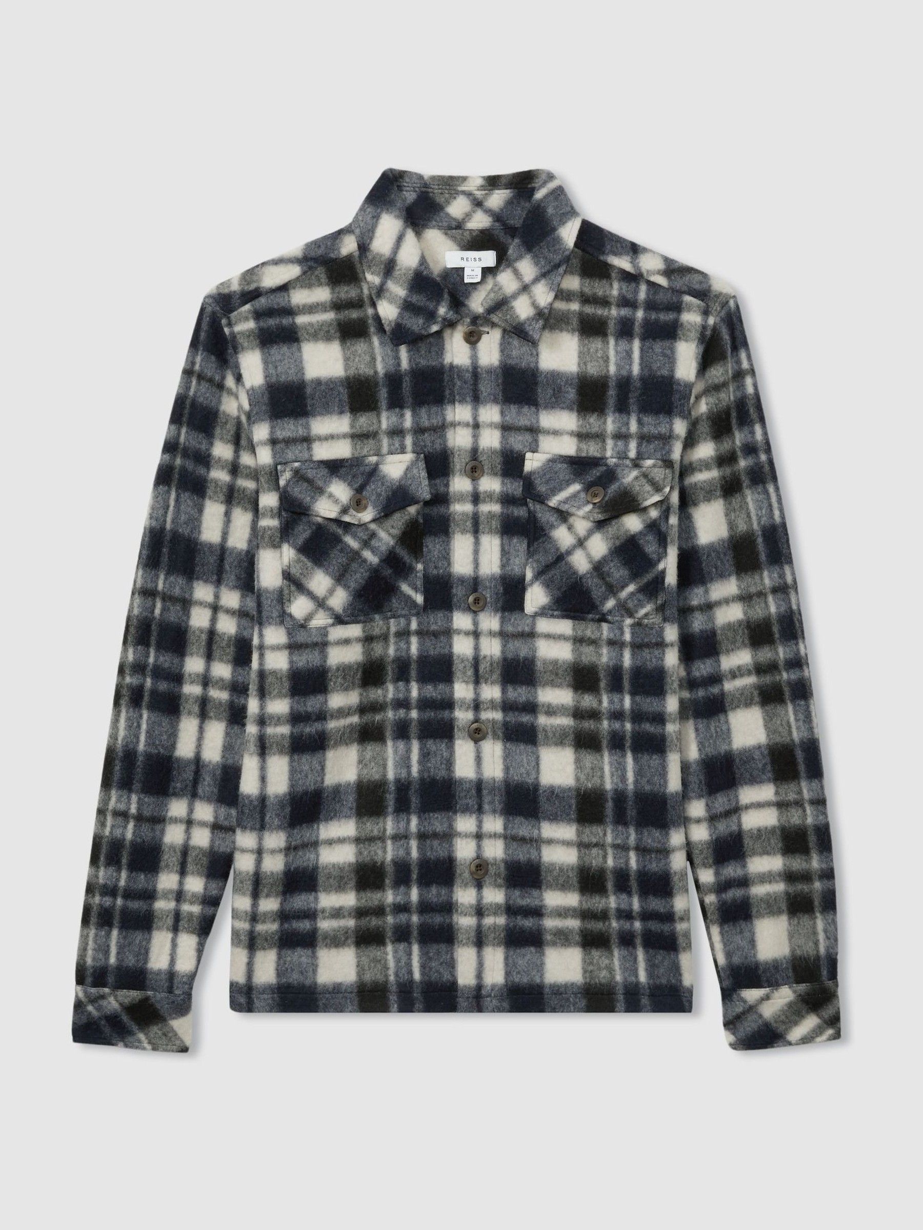 Patch-Pocket Checked Overshirt in Navy