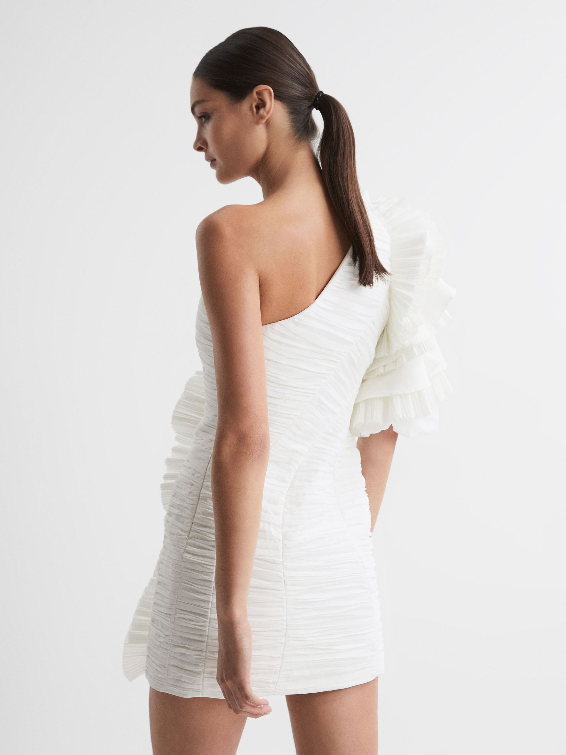 Acler One-Shoulder Ruffle Mini Dress in Ivory