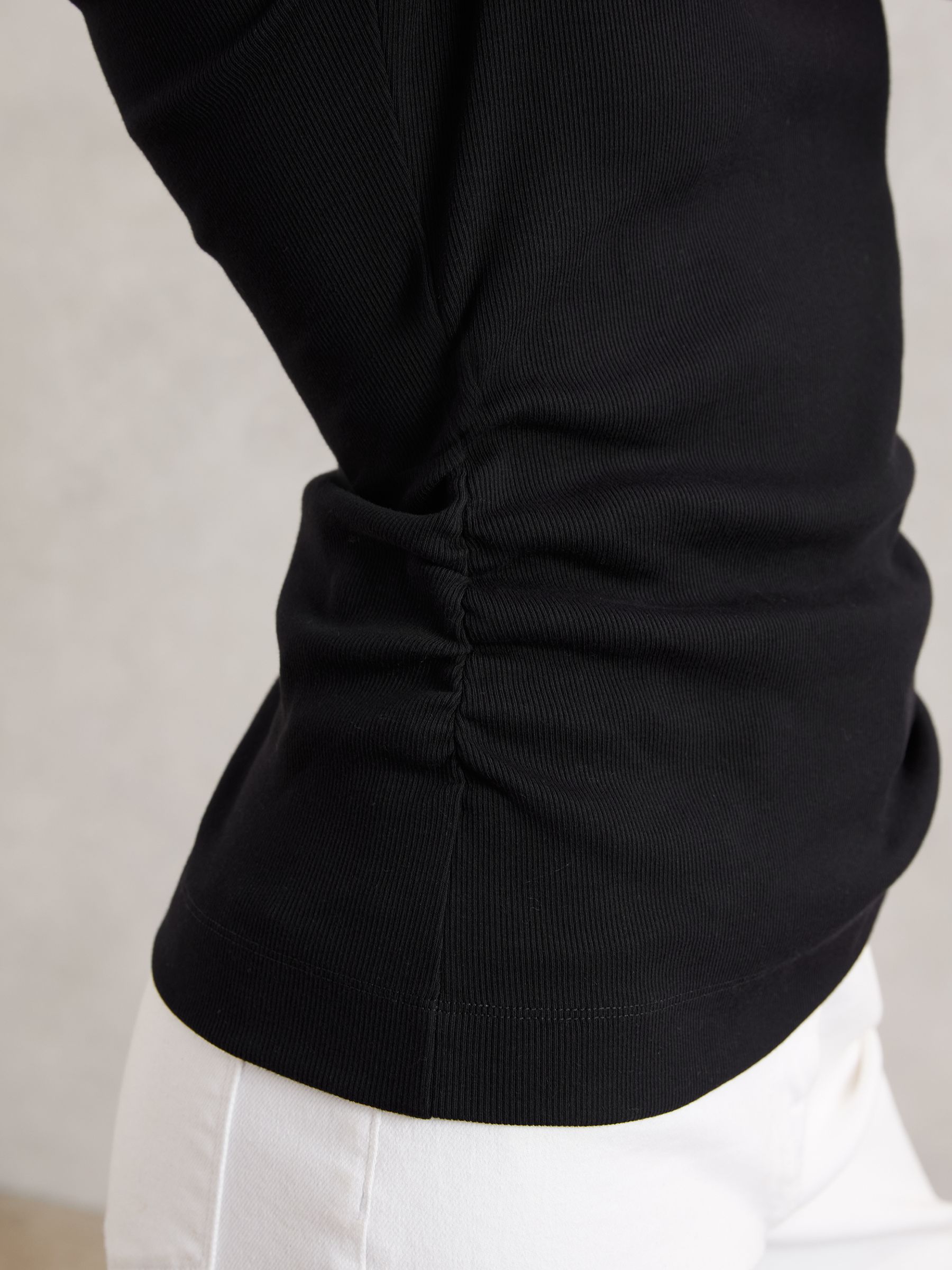 Cotton Long-Sleeve Ruched T-Shirt with Stretch in Black