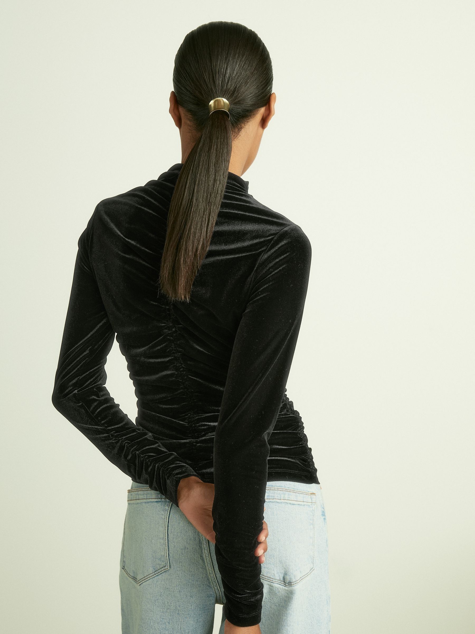 Velvet Ruched Long-Sleeve Top in Black
