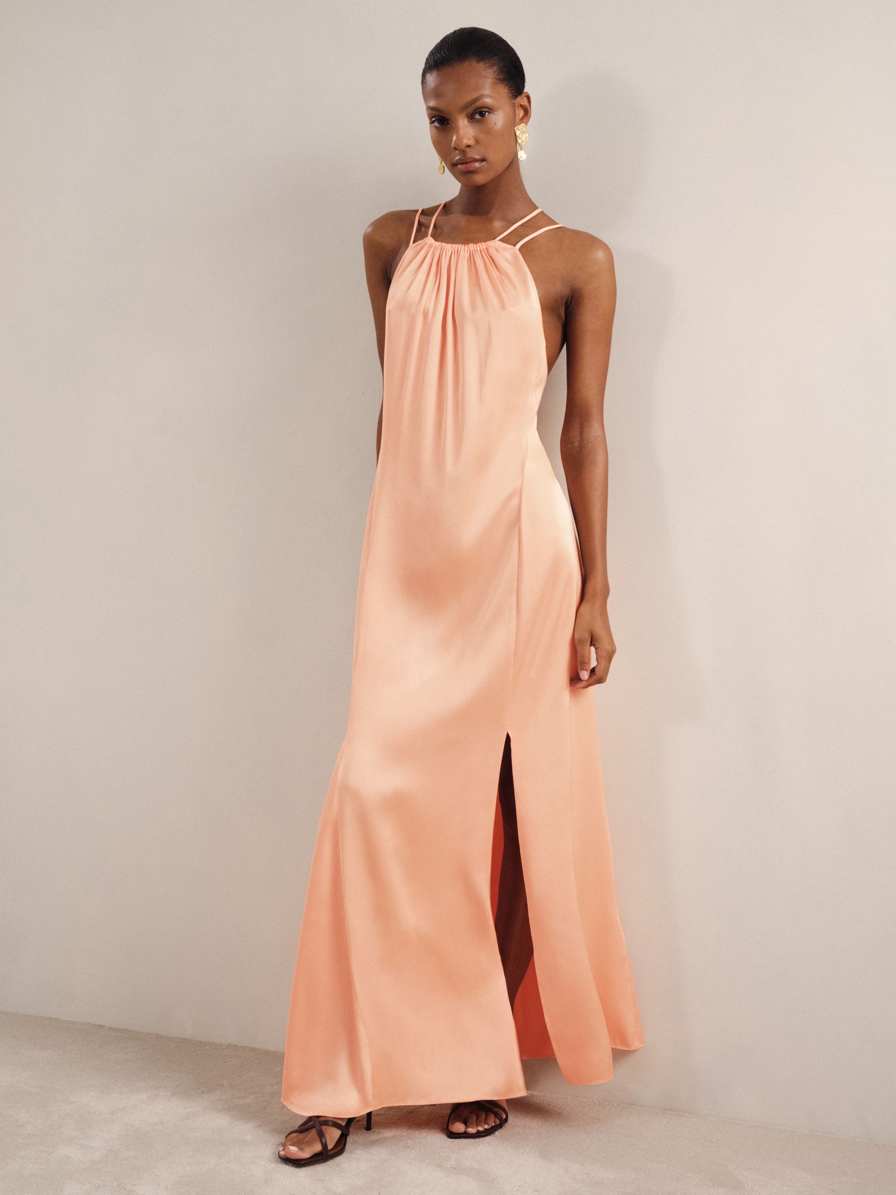 Petite Satin Halterneck Maxi Dress in Peach