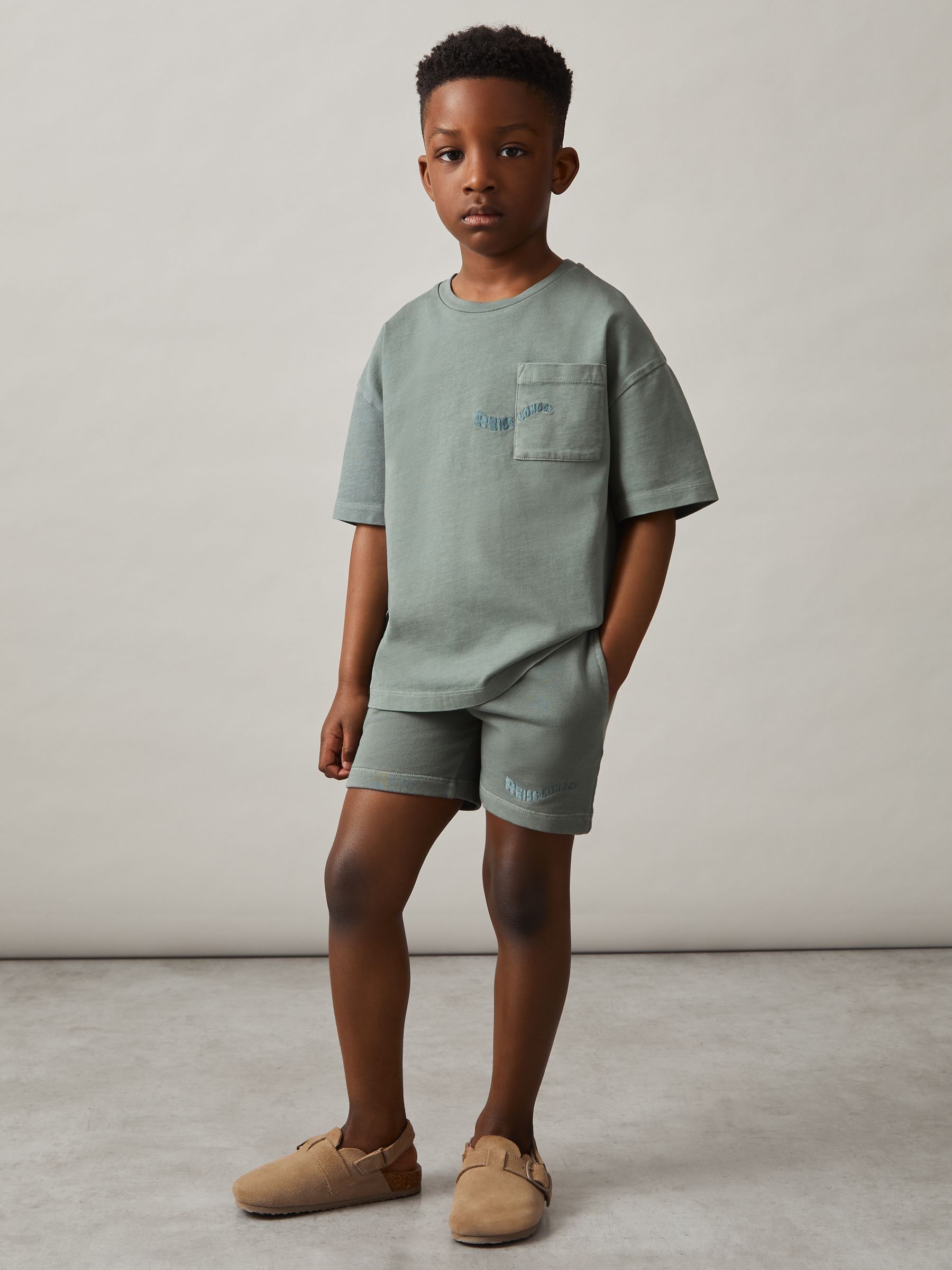 3-9 yrs Cotton Palm-Embroidery Oversize T-Shirt in Washed Sage