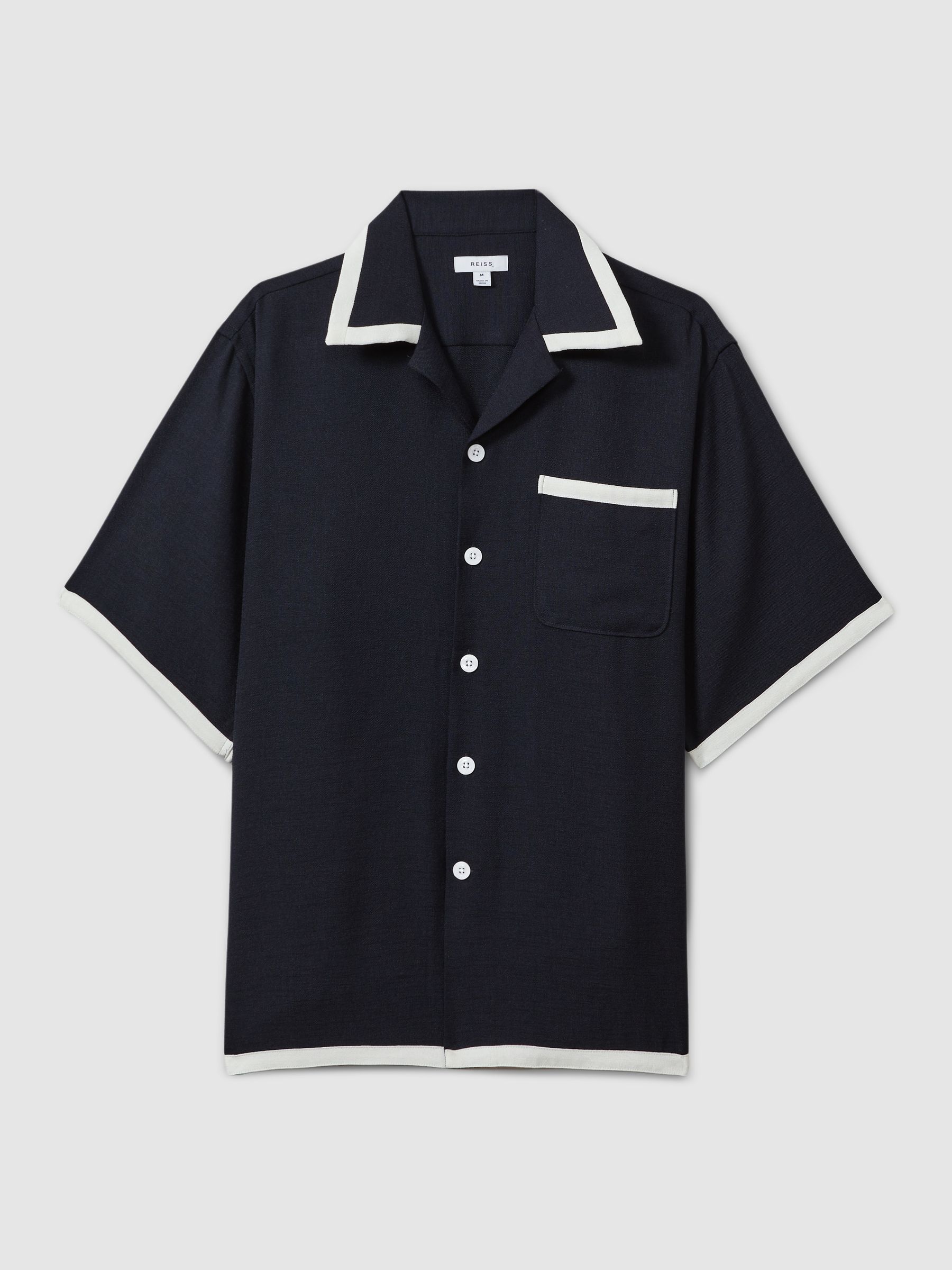 Contrast Trim Cuban Collar Shirt in Navy/Ecru