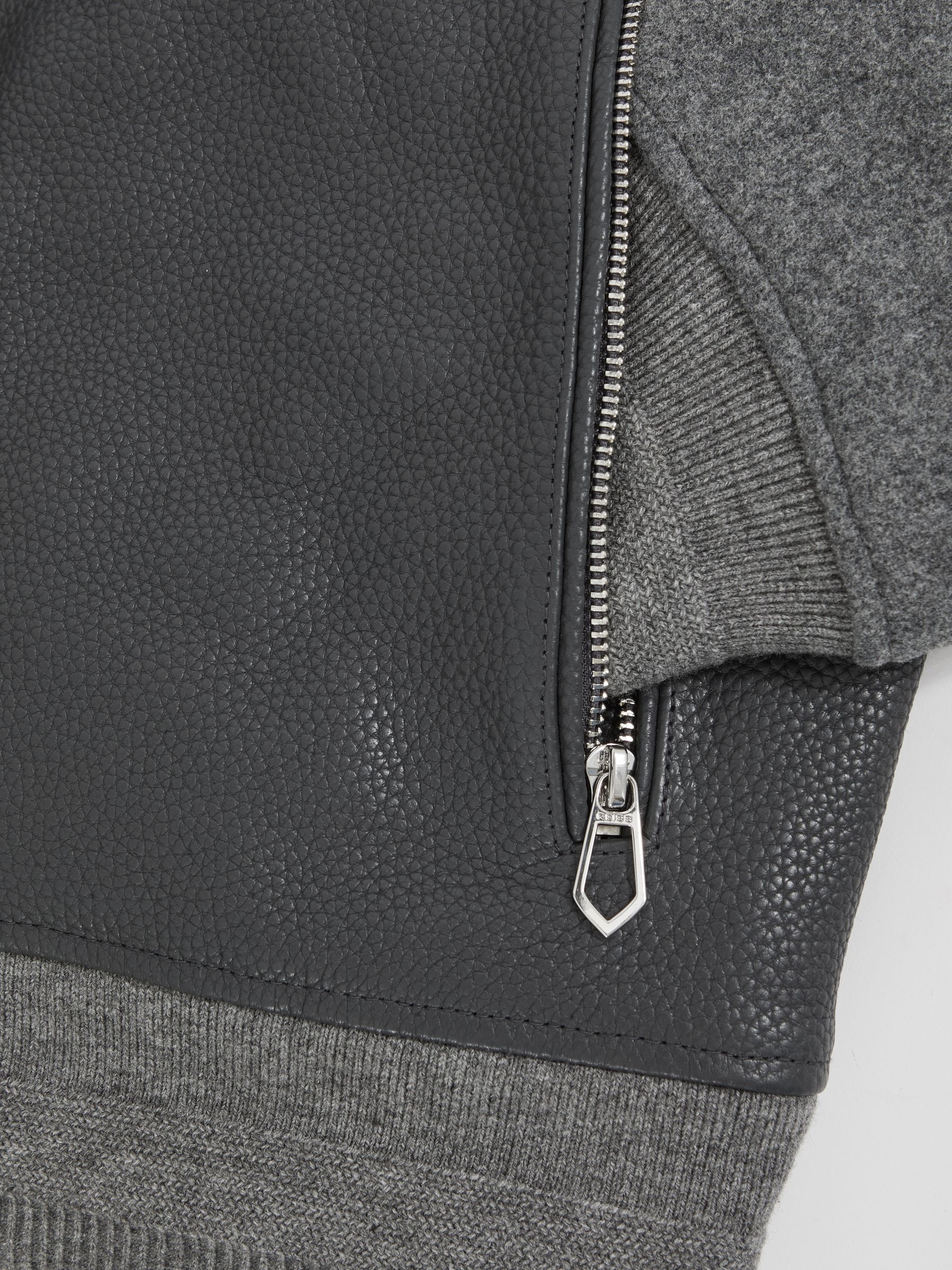 Leather Contrast-Sleeve Bomber Jacket in Grey