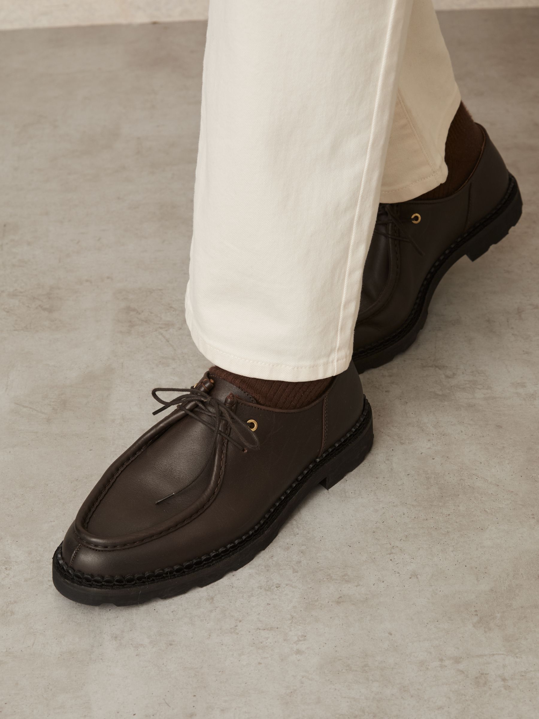 Leather Moccasin-Toe Lace-Up Shoes in Dark Brown