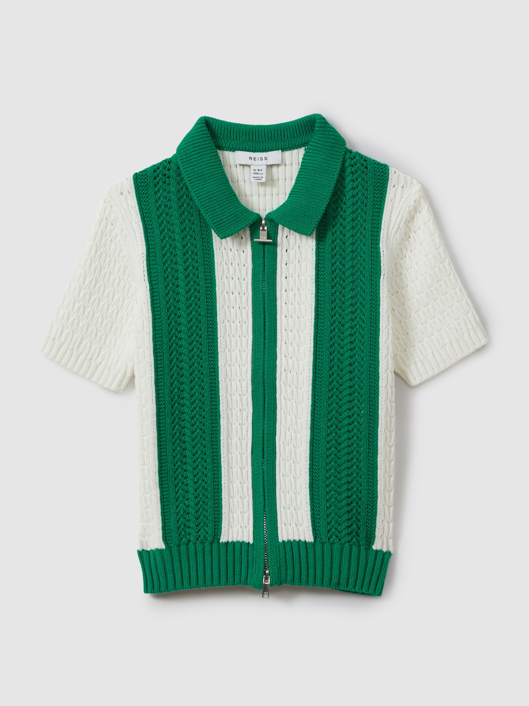 9-13 yrs Knitted Cotton Zip-Front Shirt in White/Bright Green