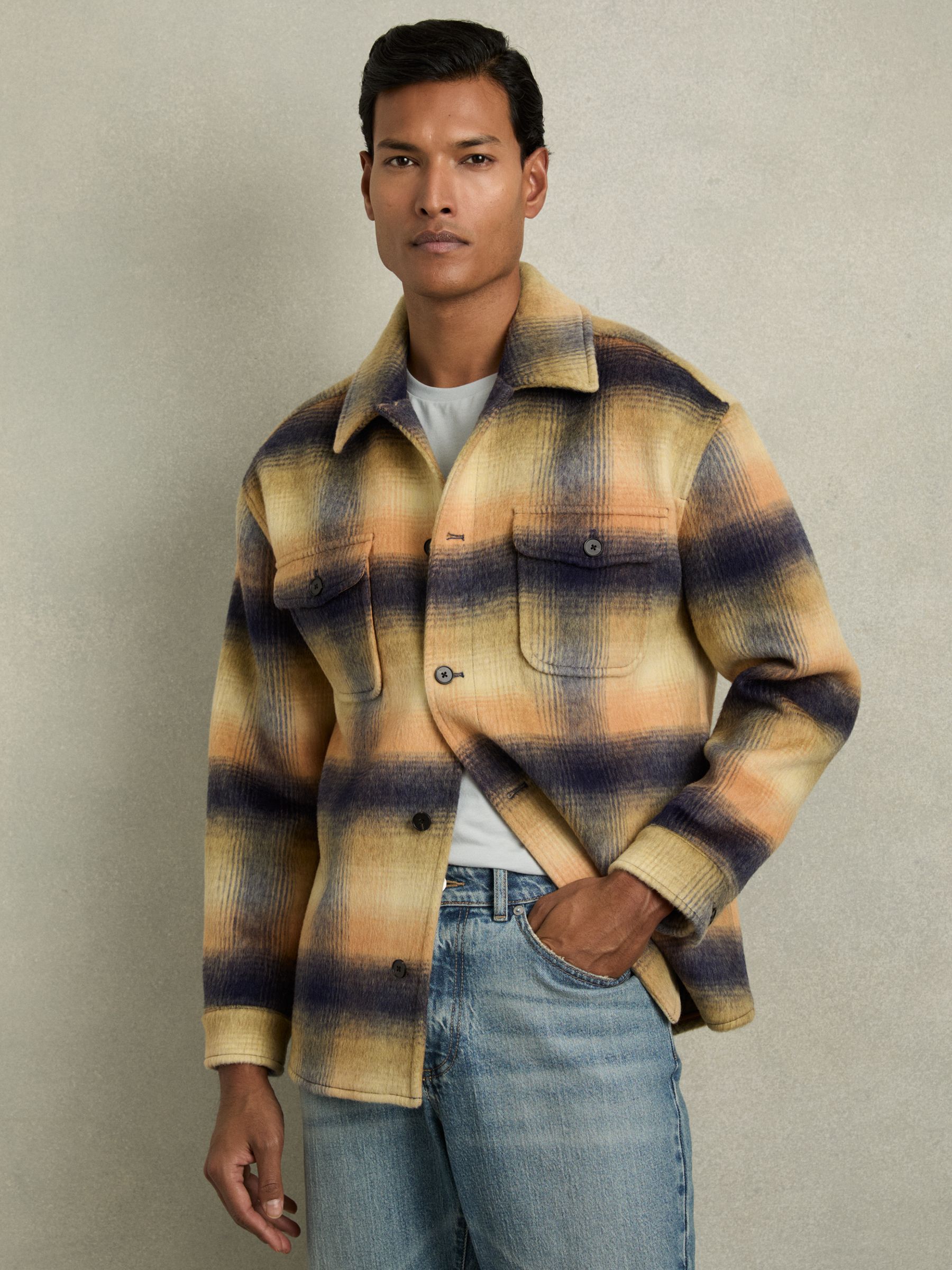 Brushed Wool-Blend Check Overshirt in Amber Orange