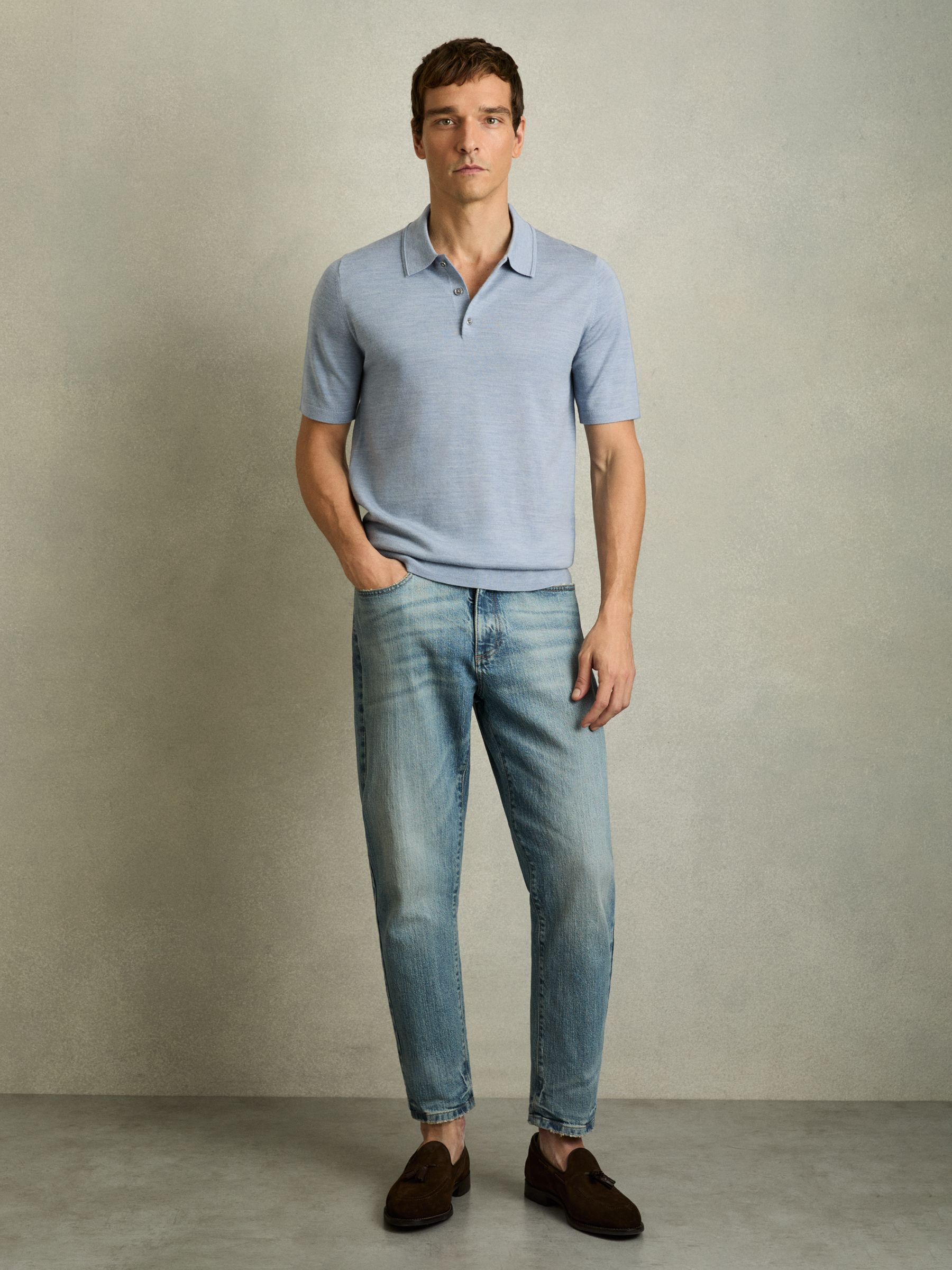 Merino Wool Short-Sleeve Polo Shirt in Soft Blue