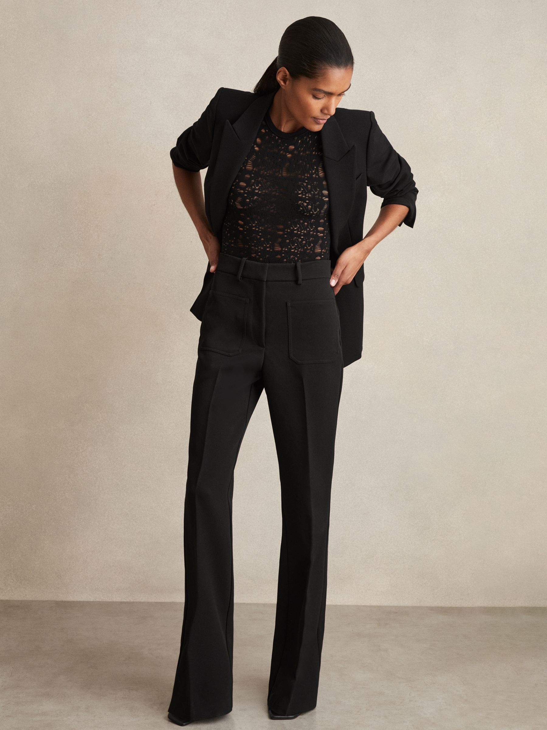 Petite Twill Patch-Pocket Flared Trousers in Black