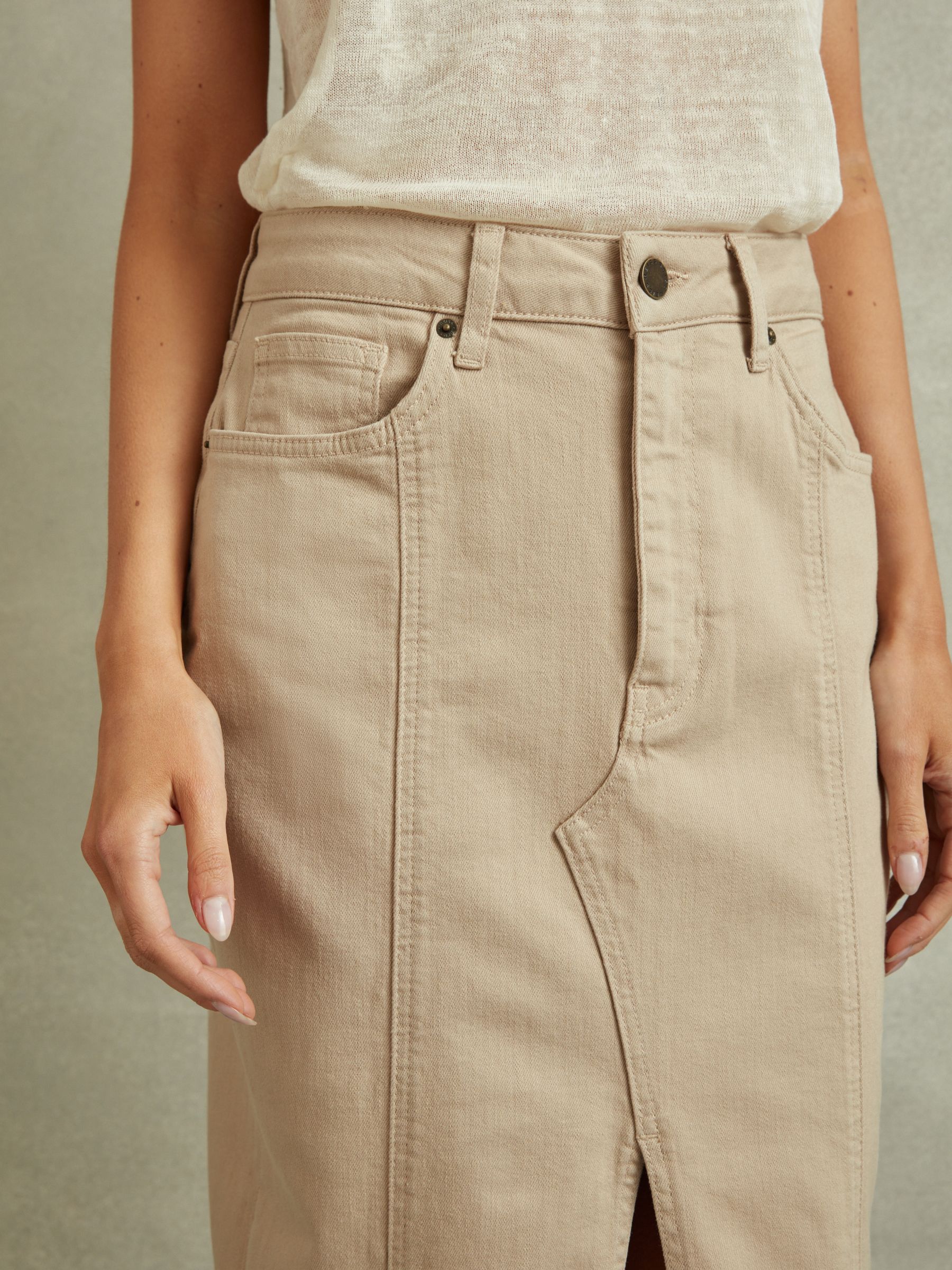 High Rise Denim Midi Skirt in Stone