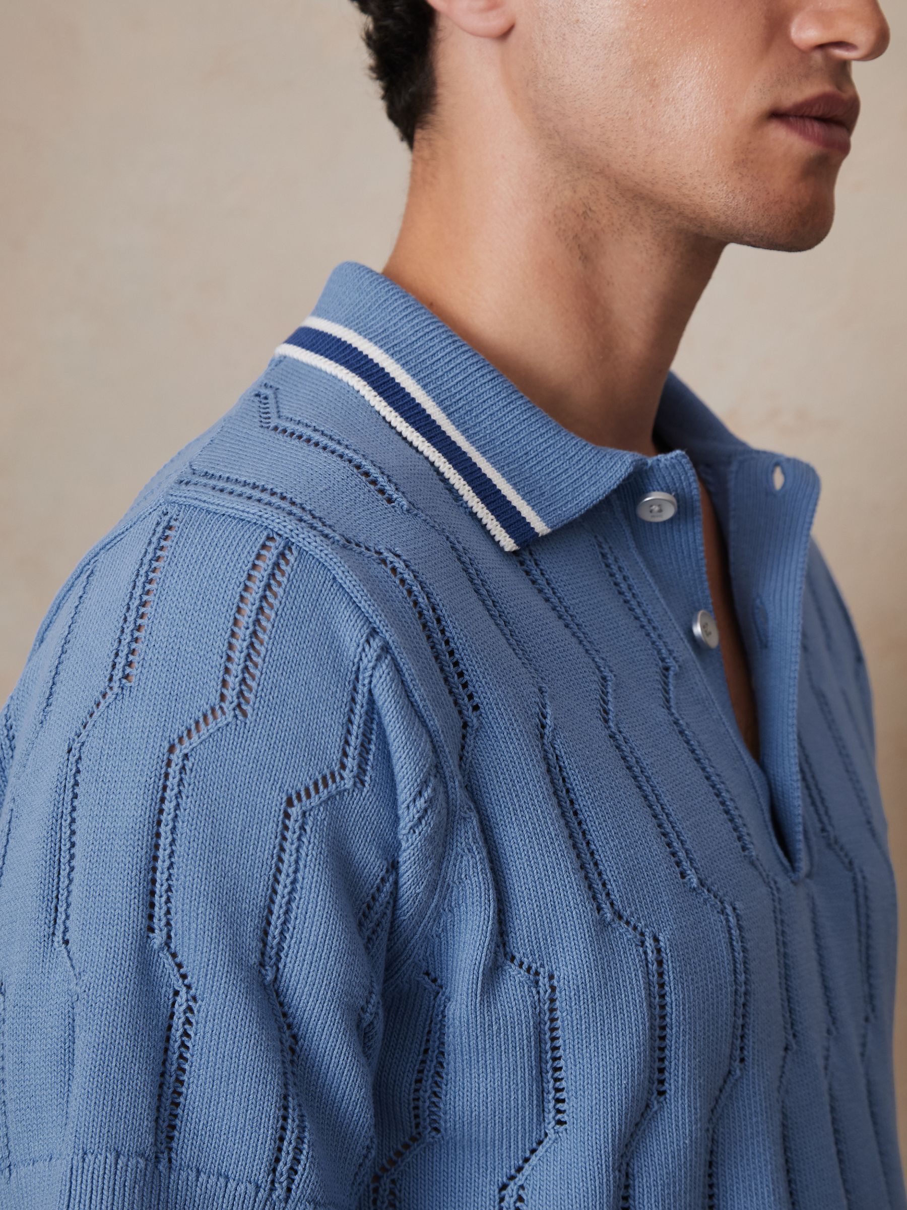 Reiss | Ché Cotton Pointelle Polo Shirt in Blue