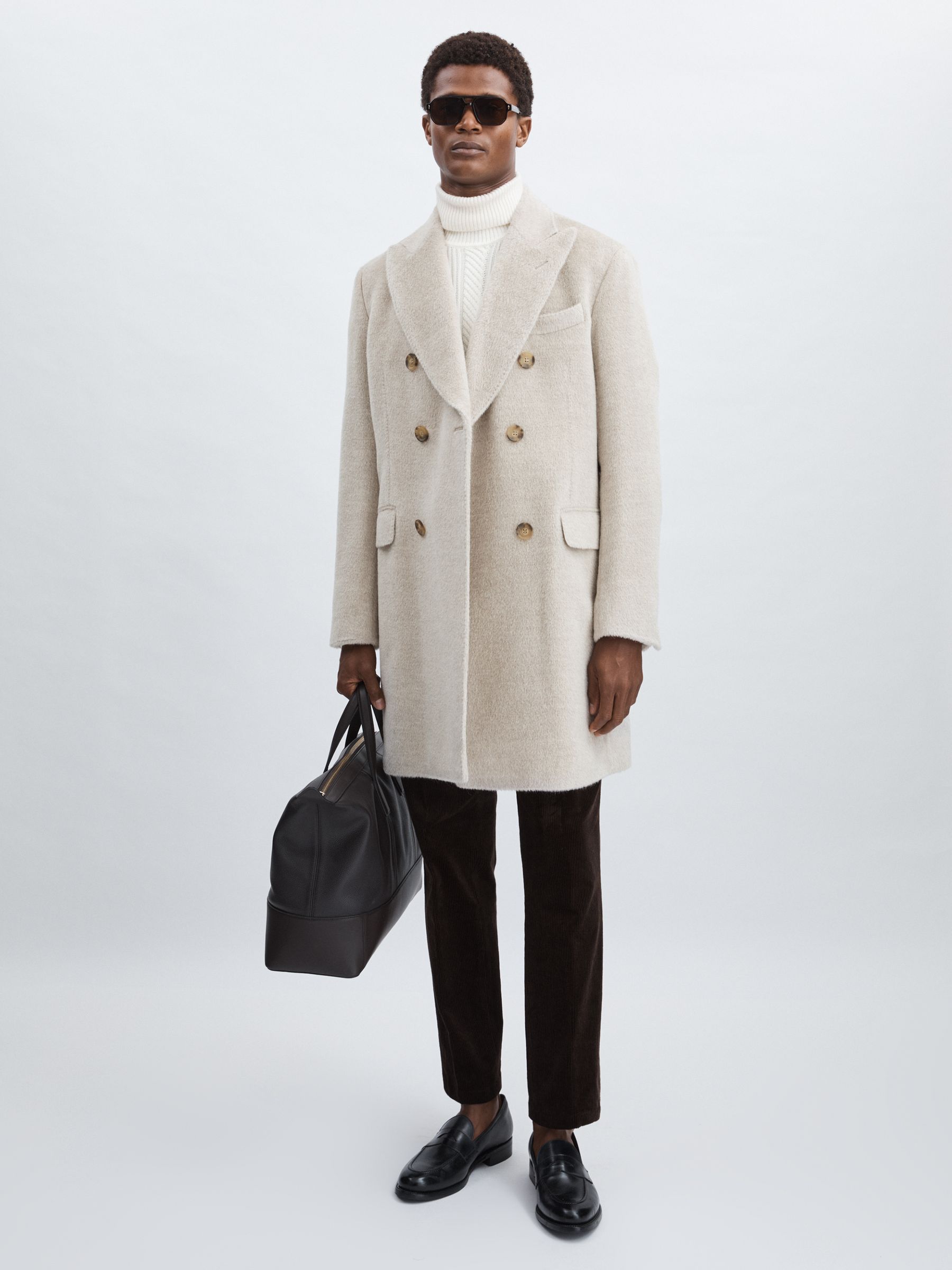 Oscar Jacobson Alpaca-Wool Double-Breasted Coat in Beige Melange