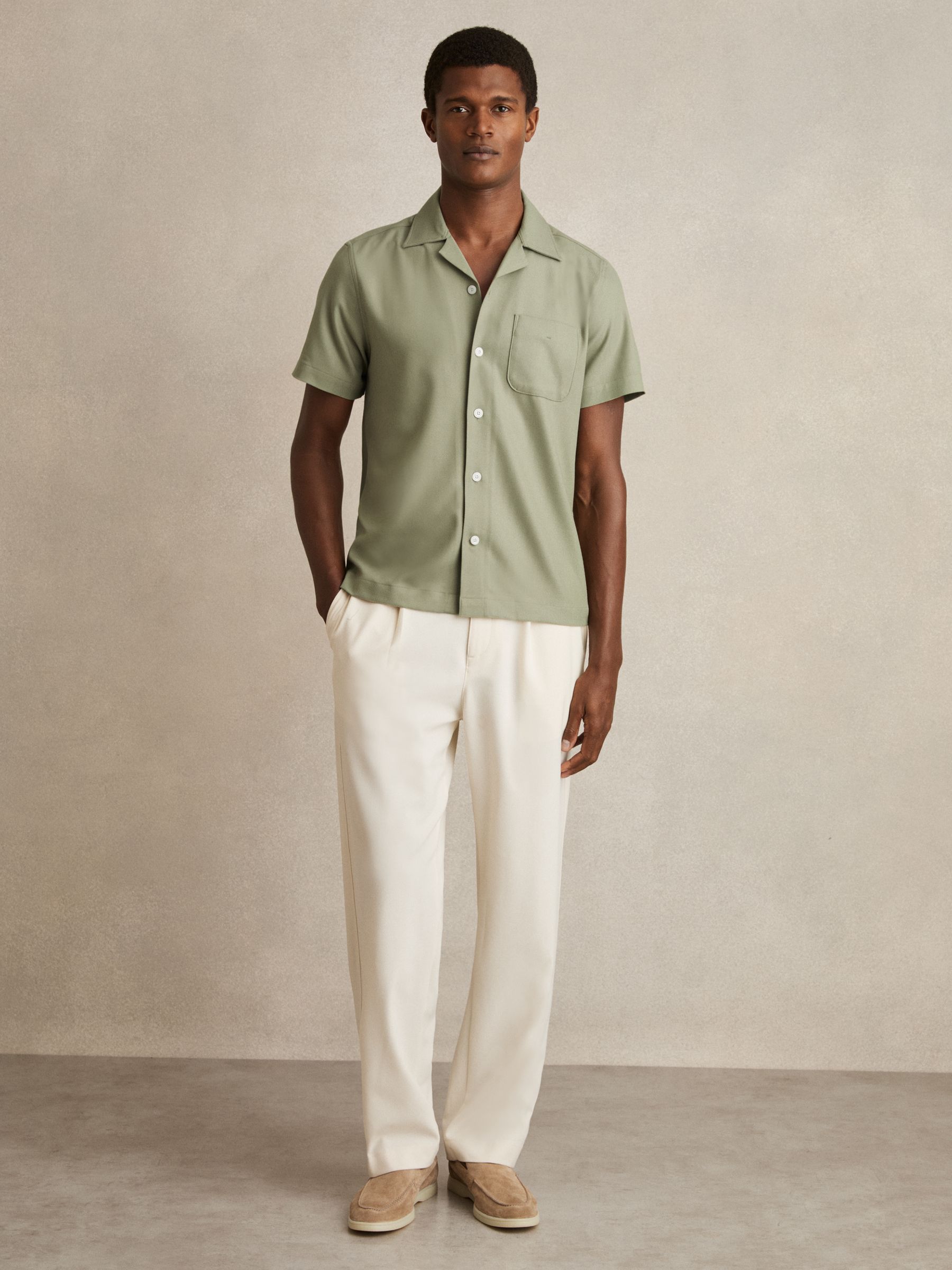 Herringbone Twill Cuban Collar Short Sleeve Shirt in Sage Green