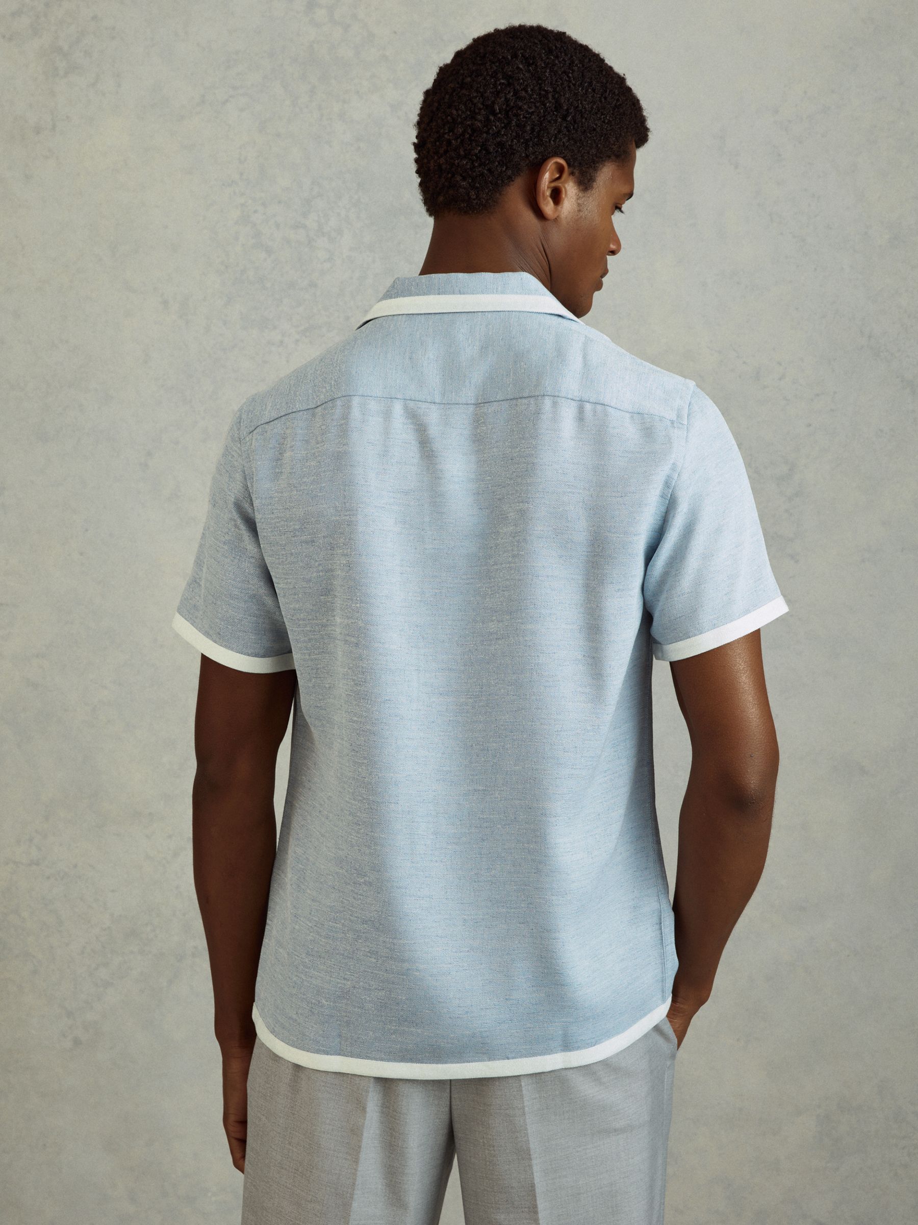 Contrast Trim Cuban Collar Shirt in Soft Blue/White