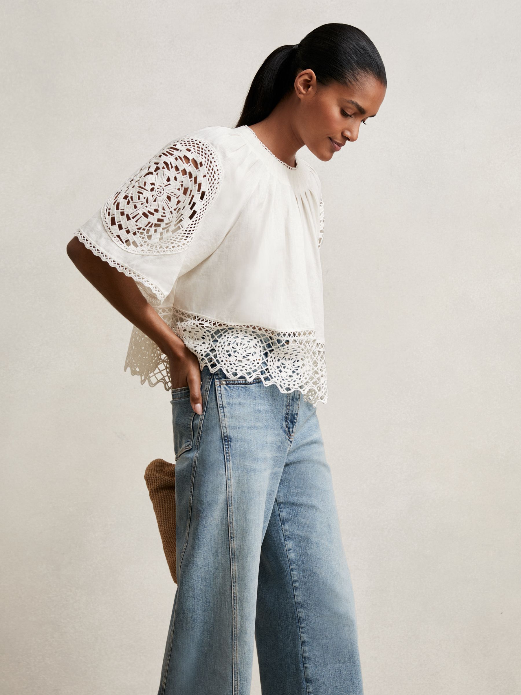 Linen Embroidered Swing Top in Ivory