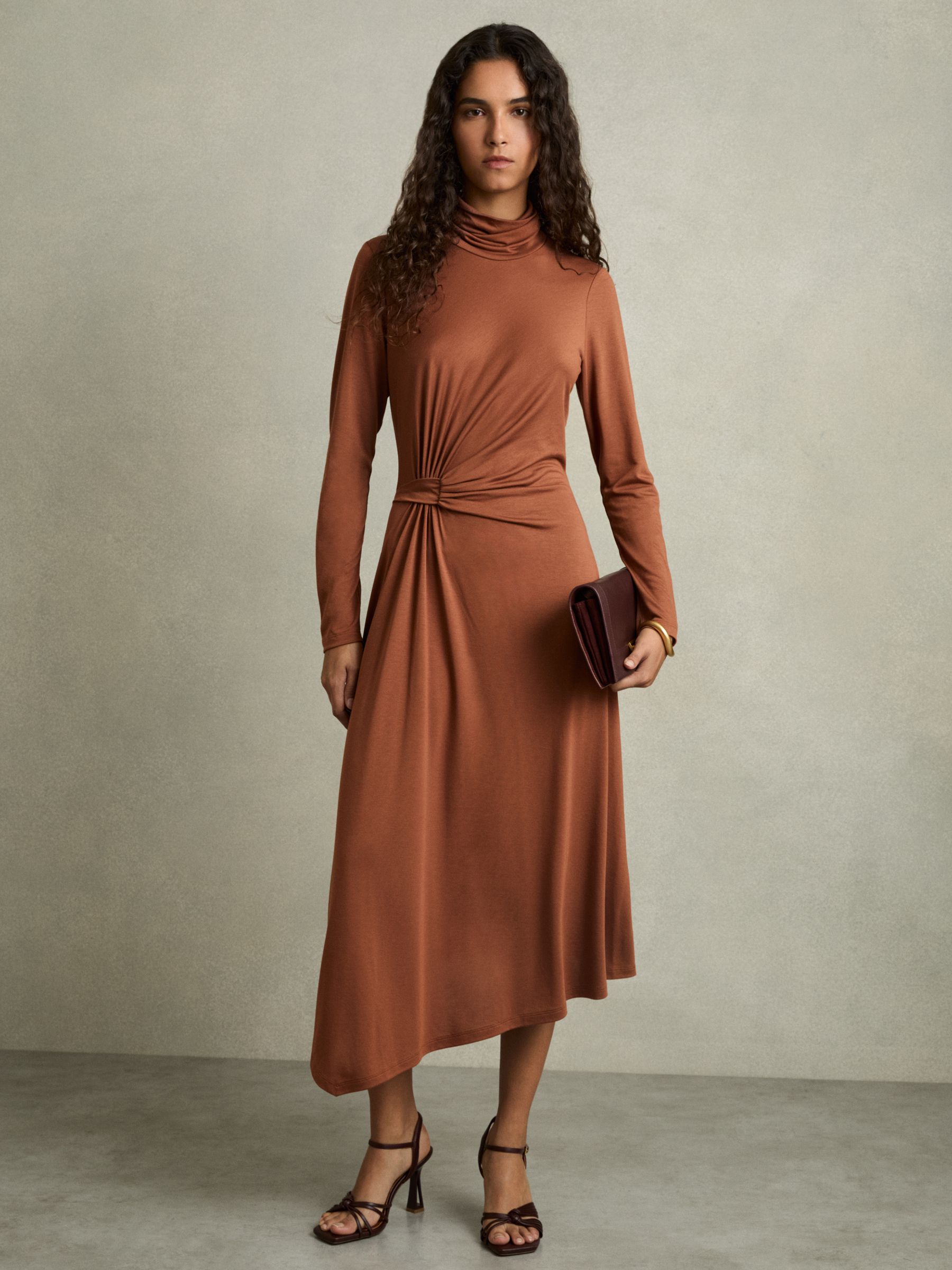 Petite Draped Jersey Midi Dress in Camel