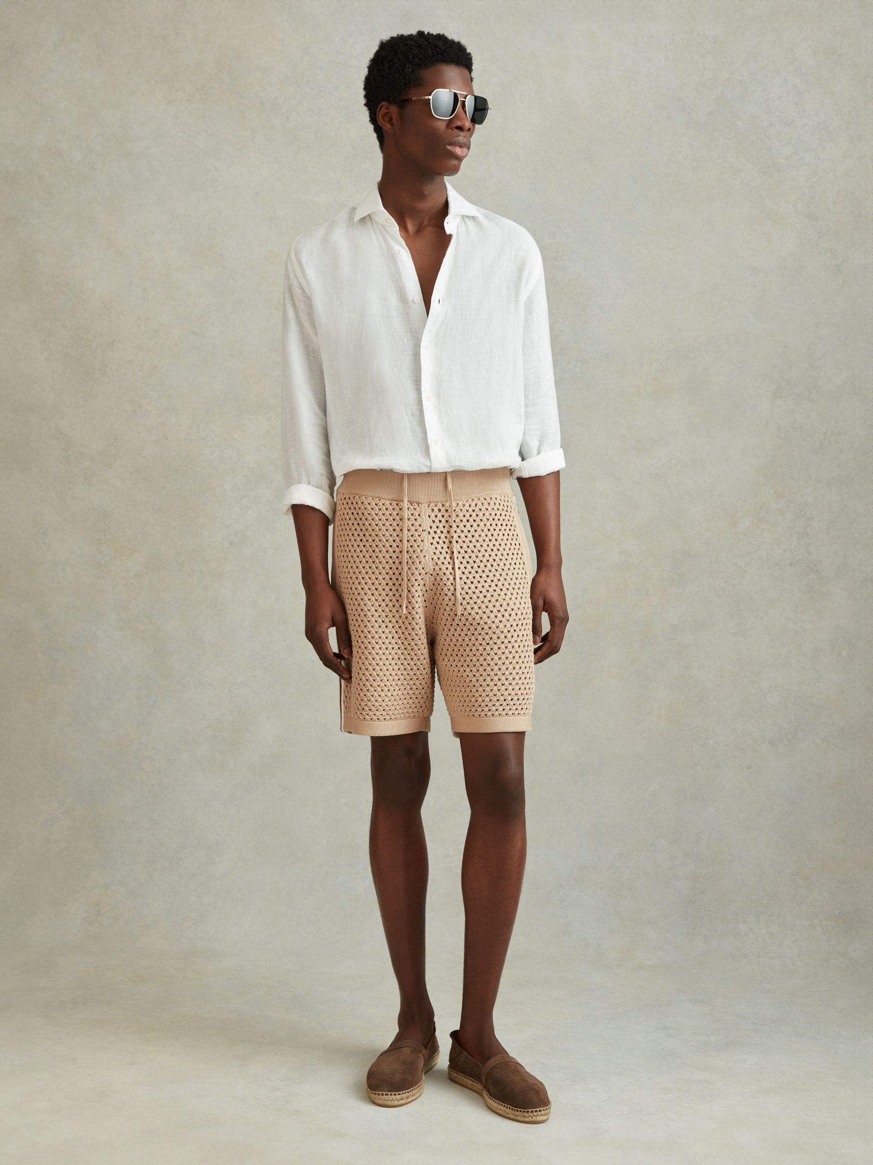 Cotton Blend Crochet Drawstring Shorts in Soft Taupe