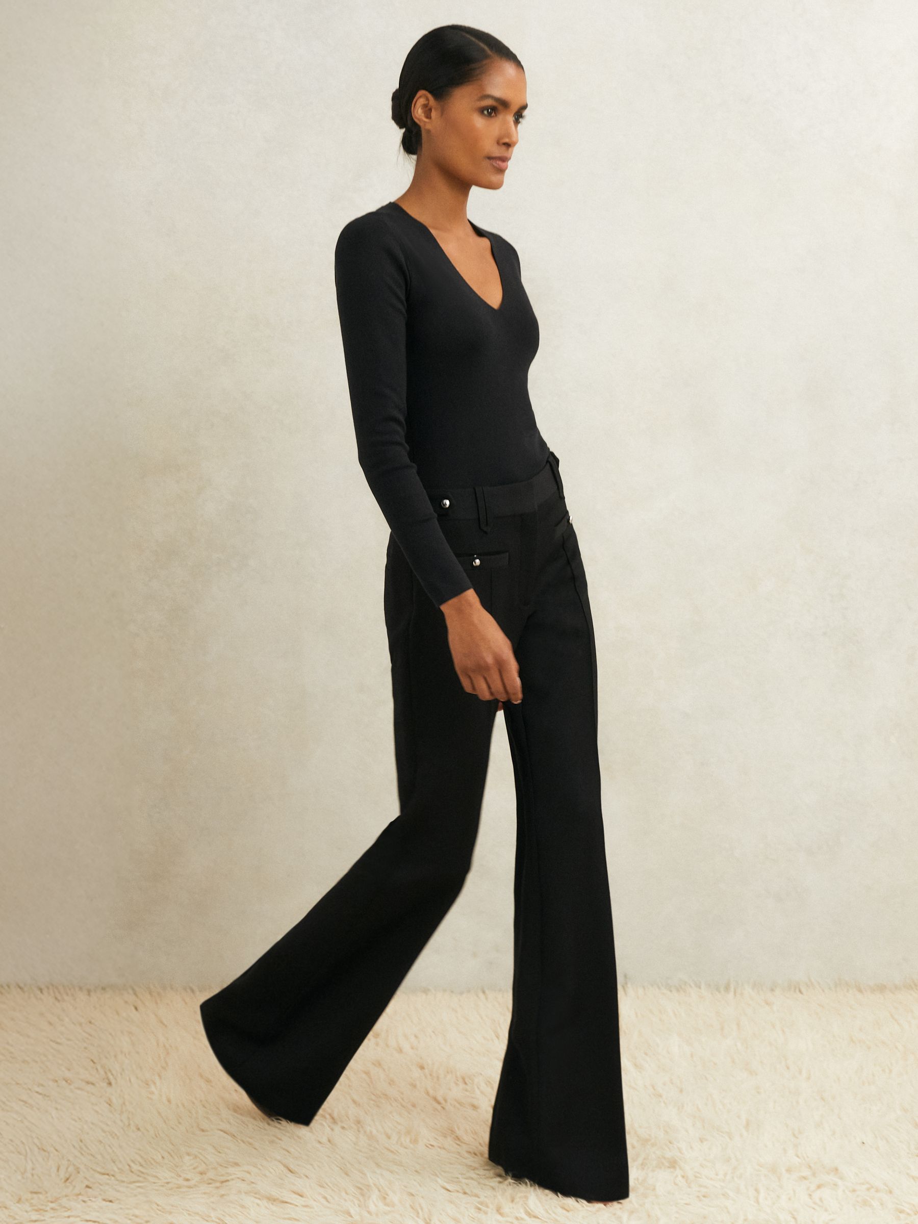 Atelier Wool Stud Flared Trousers in Black