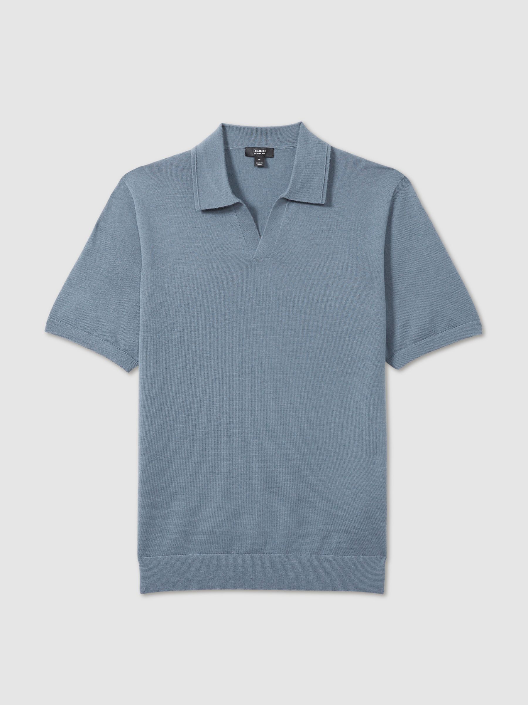 Merino Wool Open Collar Polo Shirt in Airforce Blue
