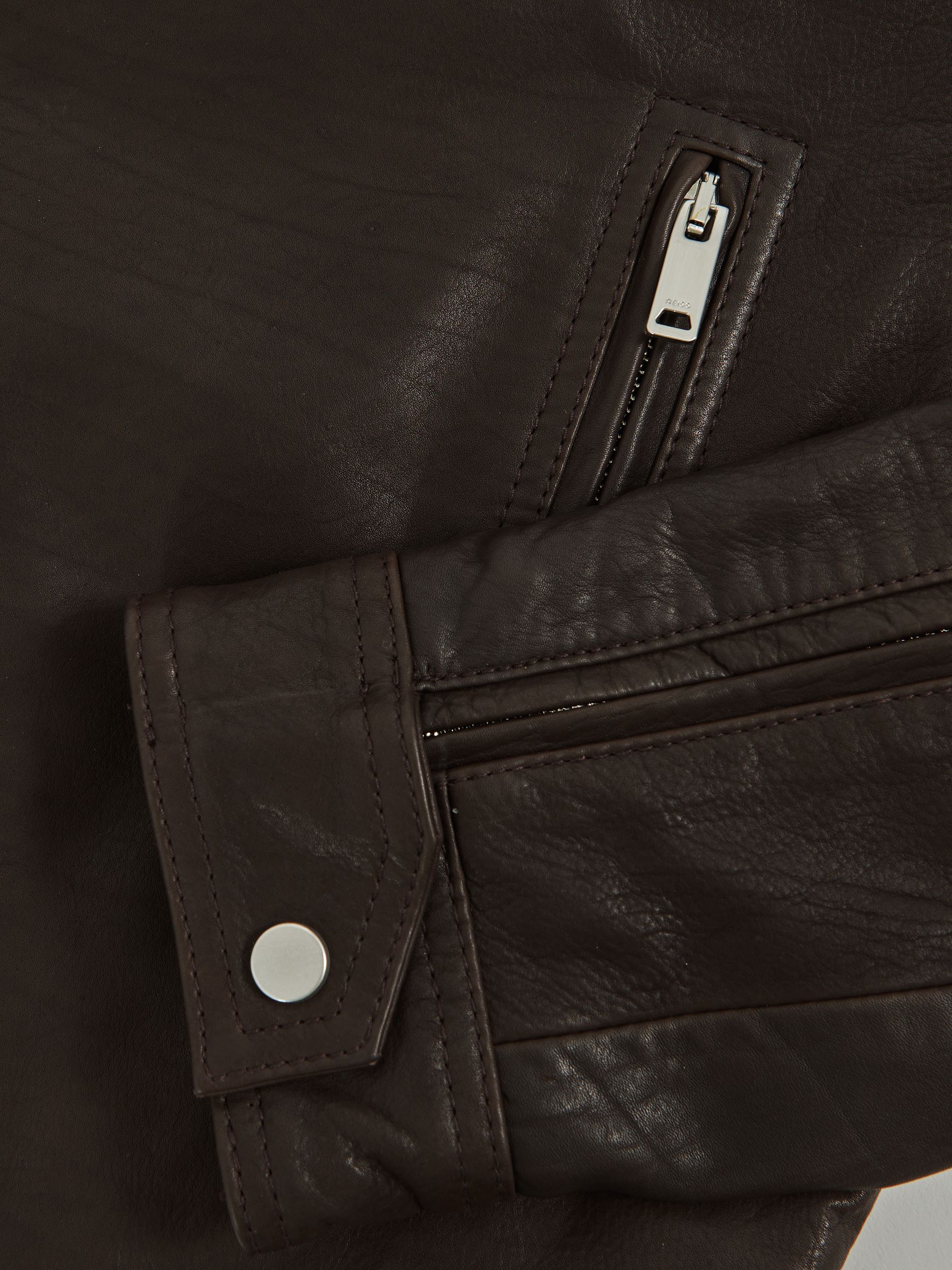 Petite Suede-Lapel Leather Biker Jacket in Chocolate Brown