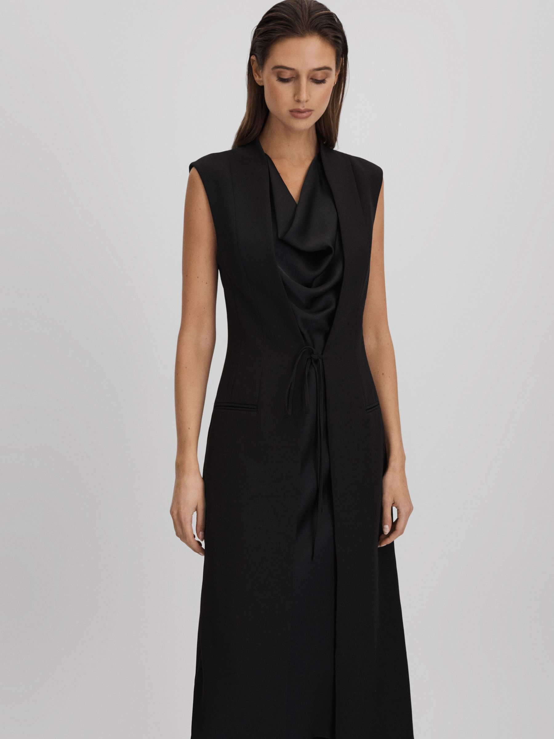 Halston Cowl Neck Wrap Midi Dress in Black