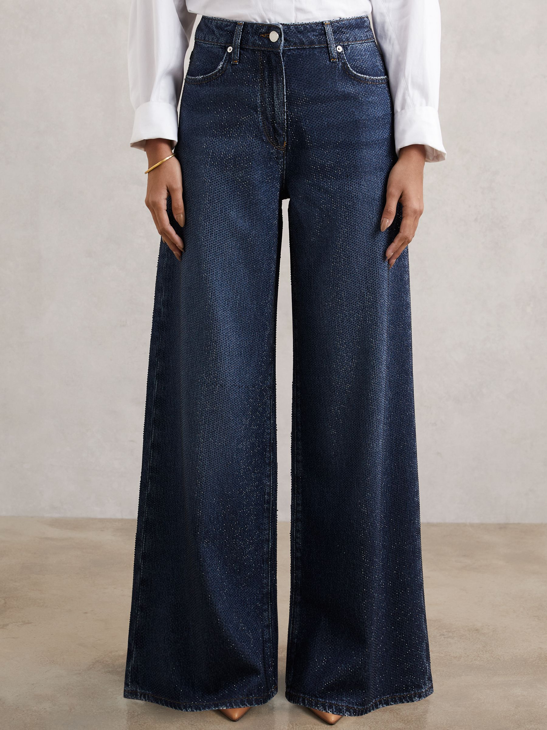 Wide-Leg Crystal-Embellished Jeans in Dark Blue