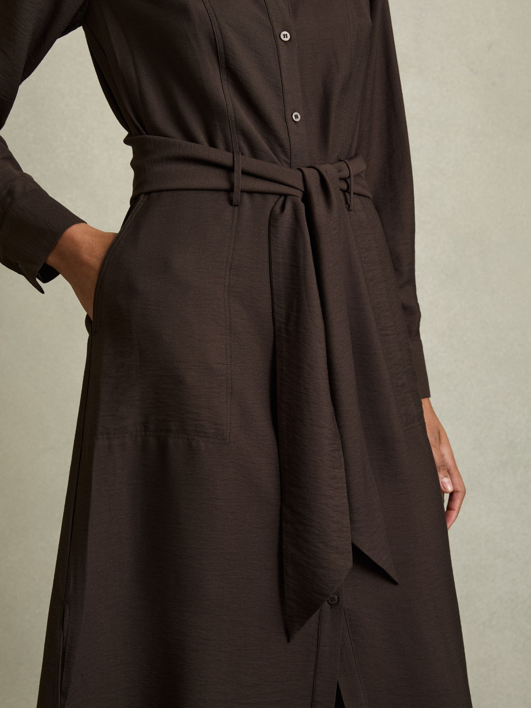 Long-Sleeve Belted Midi Dress in Charcoal