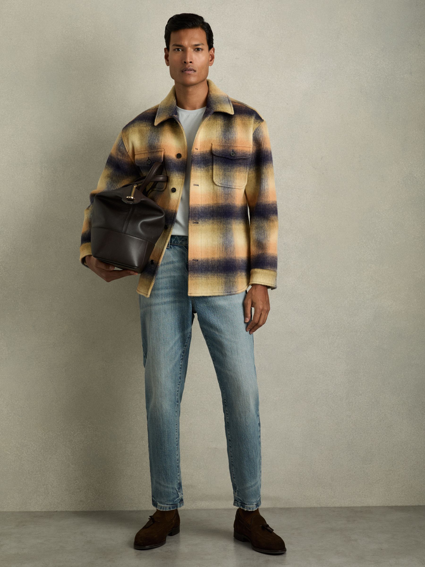 Brushed Wool-Blend Check Overshirt in Amber Orange