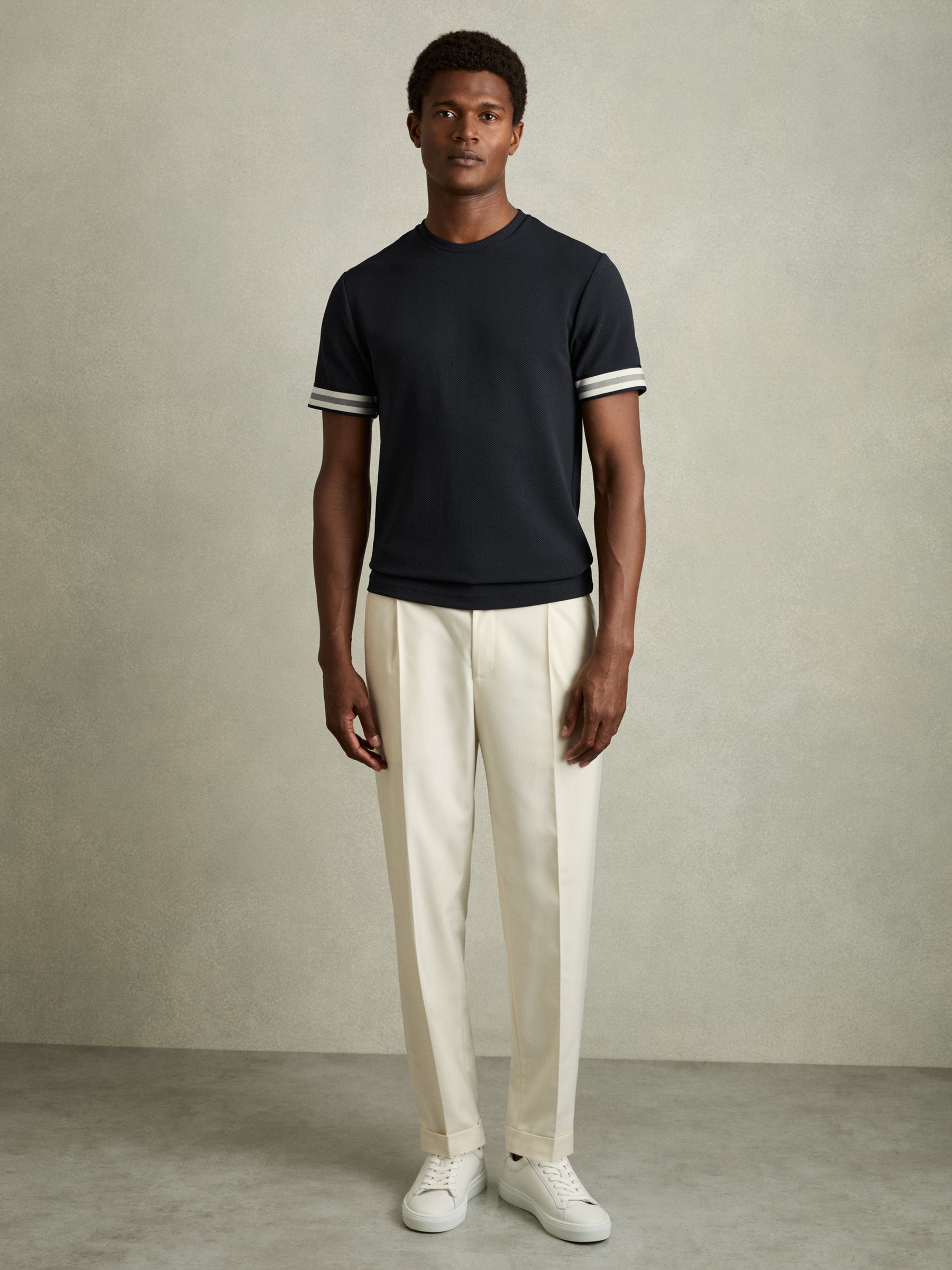 Tape-Cuff Textured T-Shirt in Navy