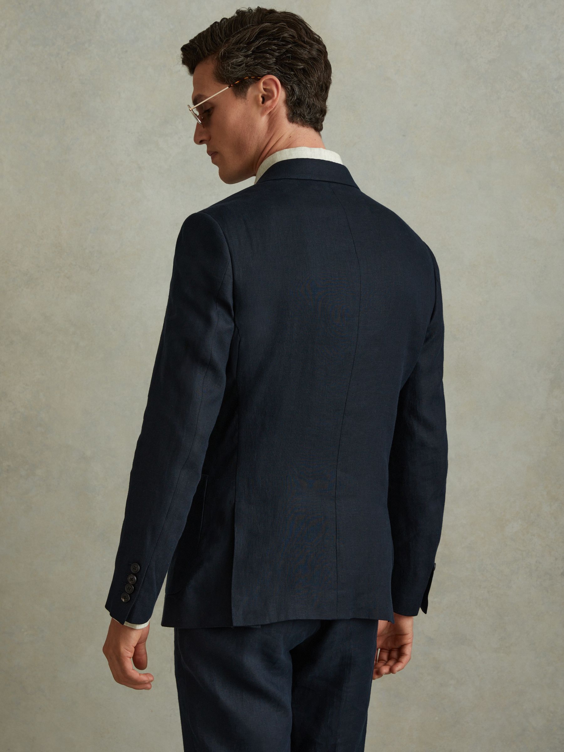 Double Breasted 100% Linen Slim Fit Blazer in Navy