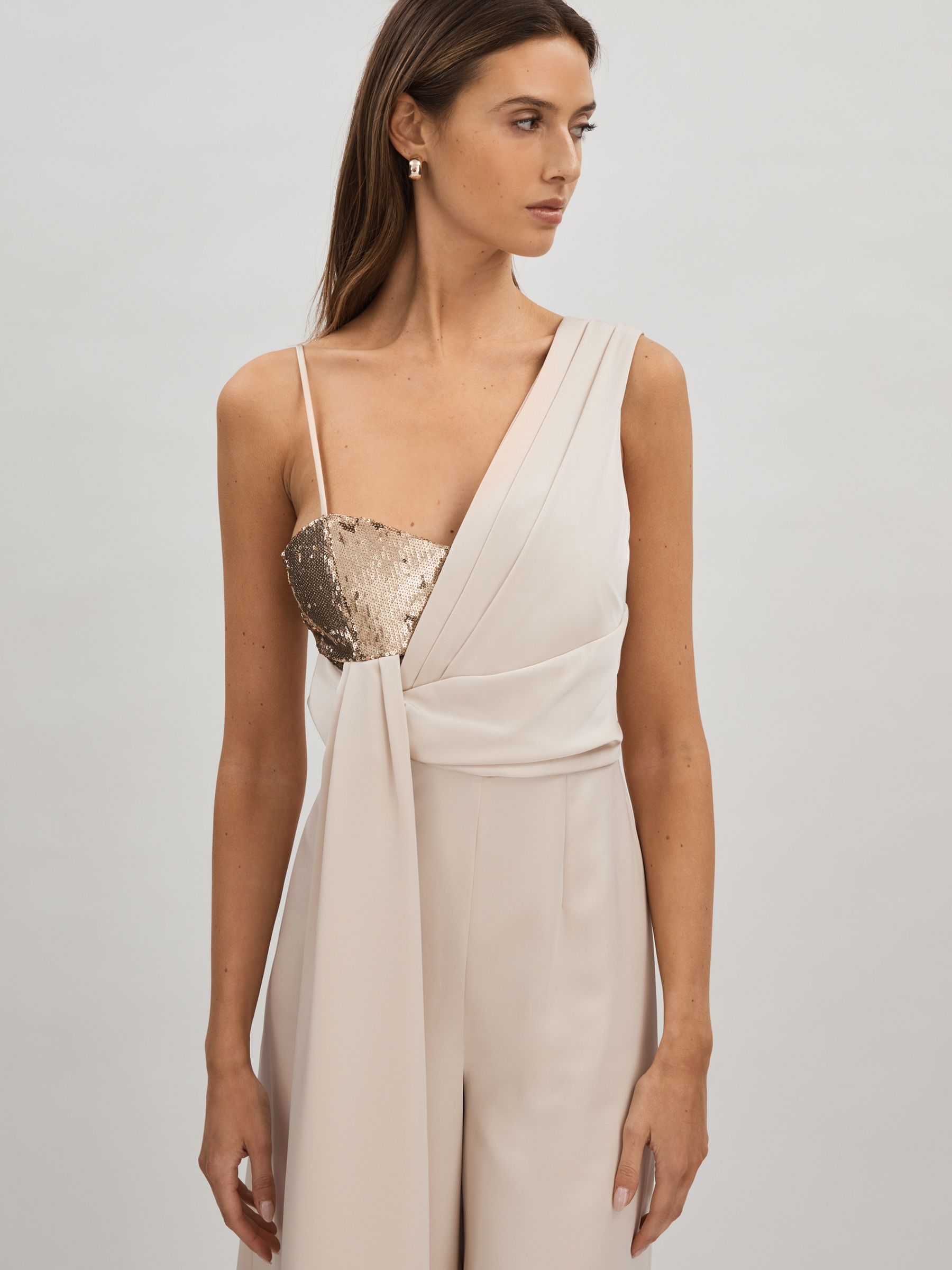 Halston Satin Sequin Wide Leg Jumpsuit in Champagne