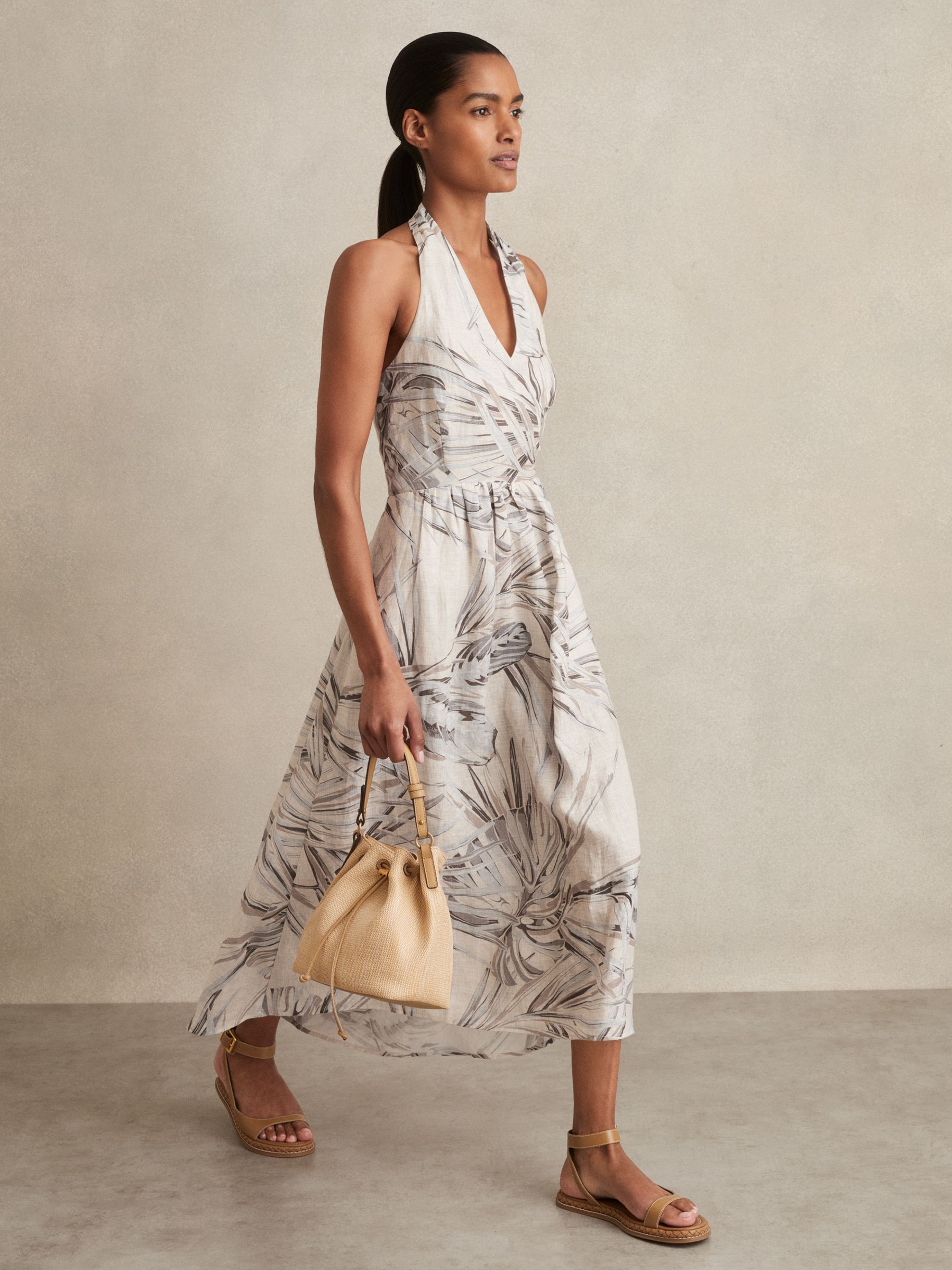 Linen Palm Print Halterneck Midi Dress in Neutral