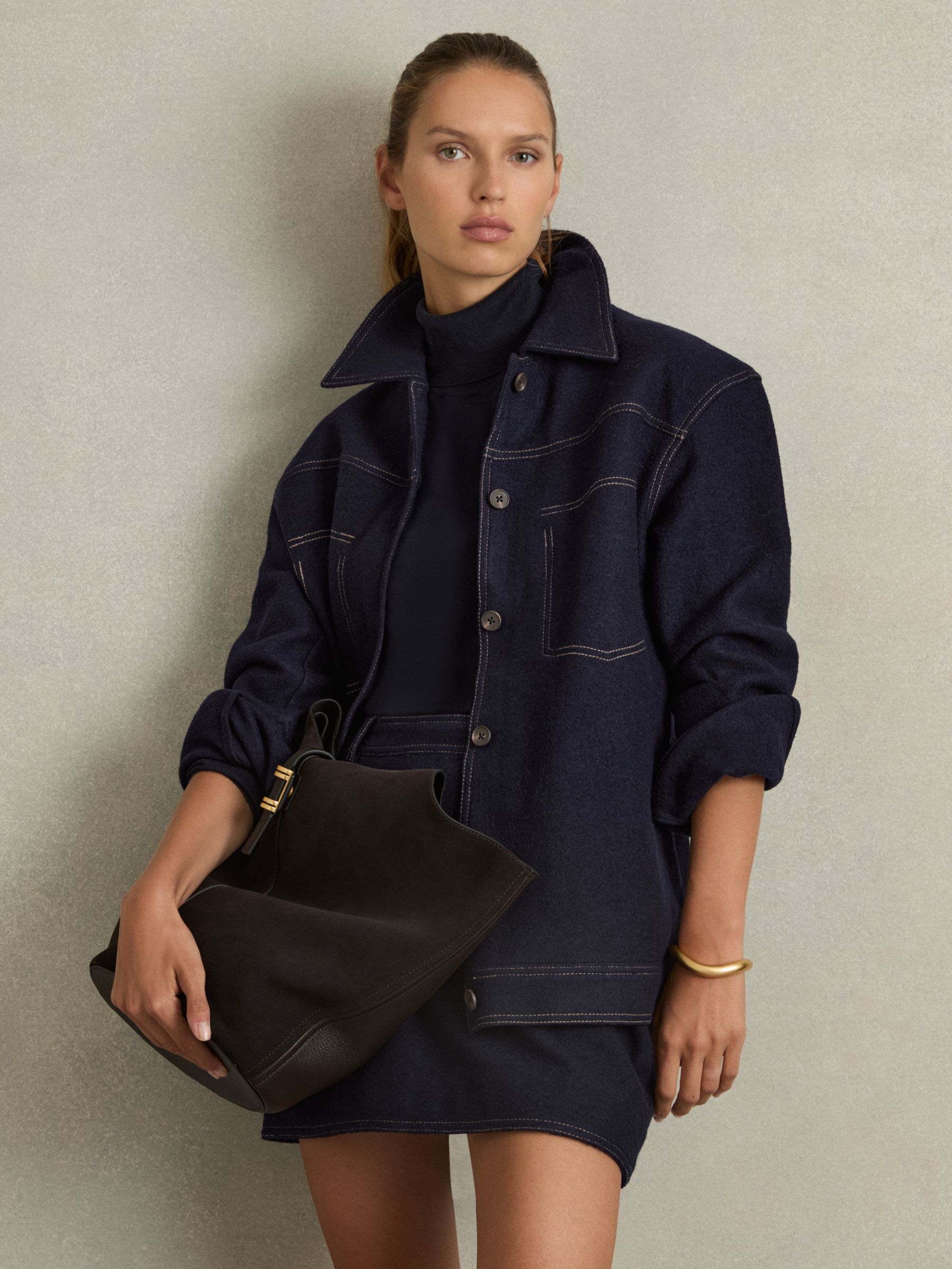 Wool-Blend Topstitch Woven Shirt in Navy