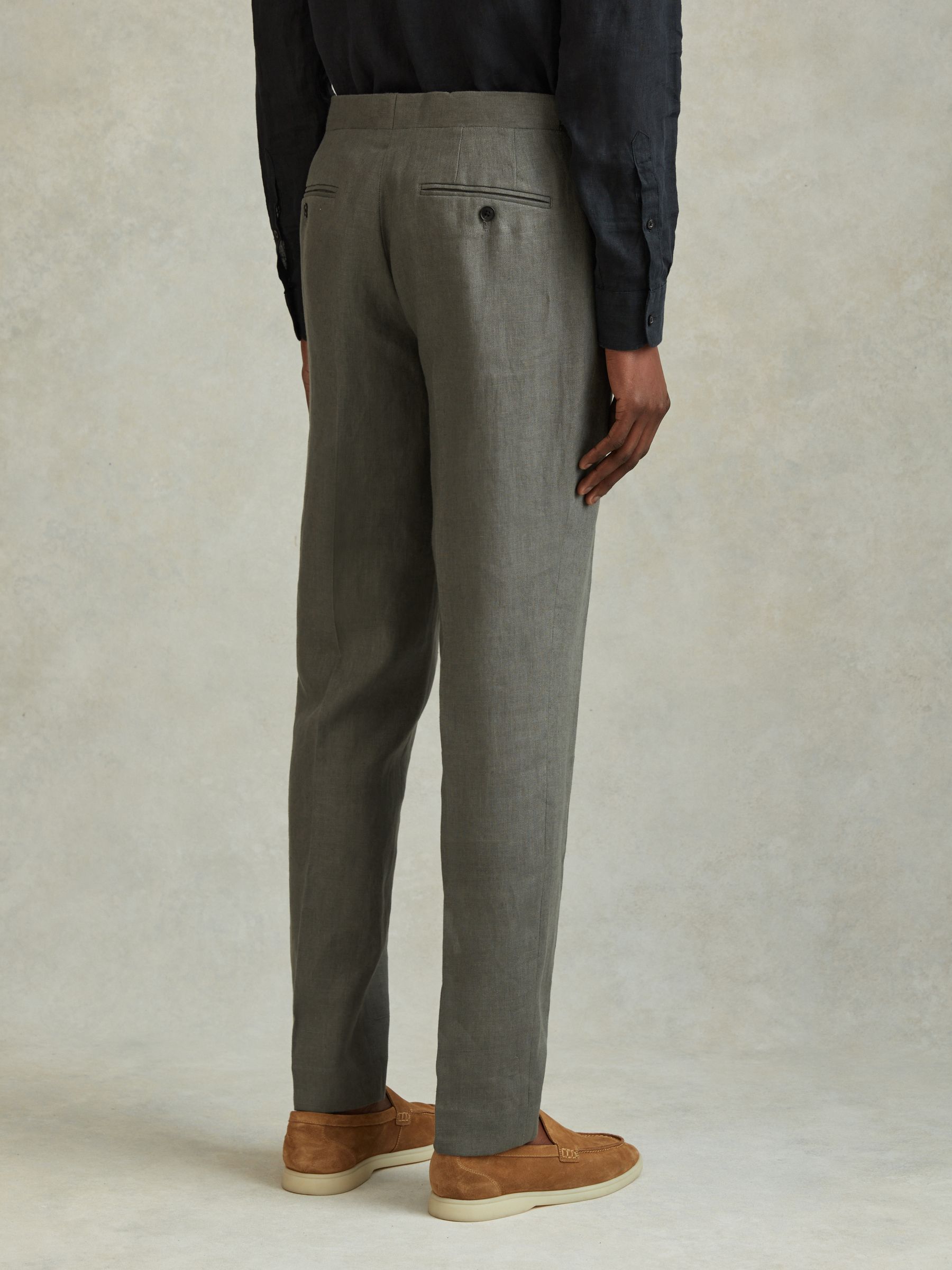 Halgas Dark Sage 100% Linen Side Adjuster Slim Fit Trousers