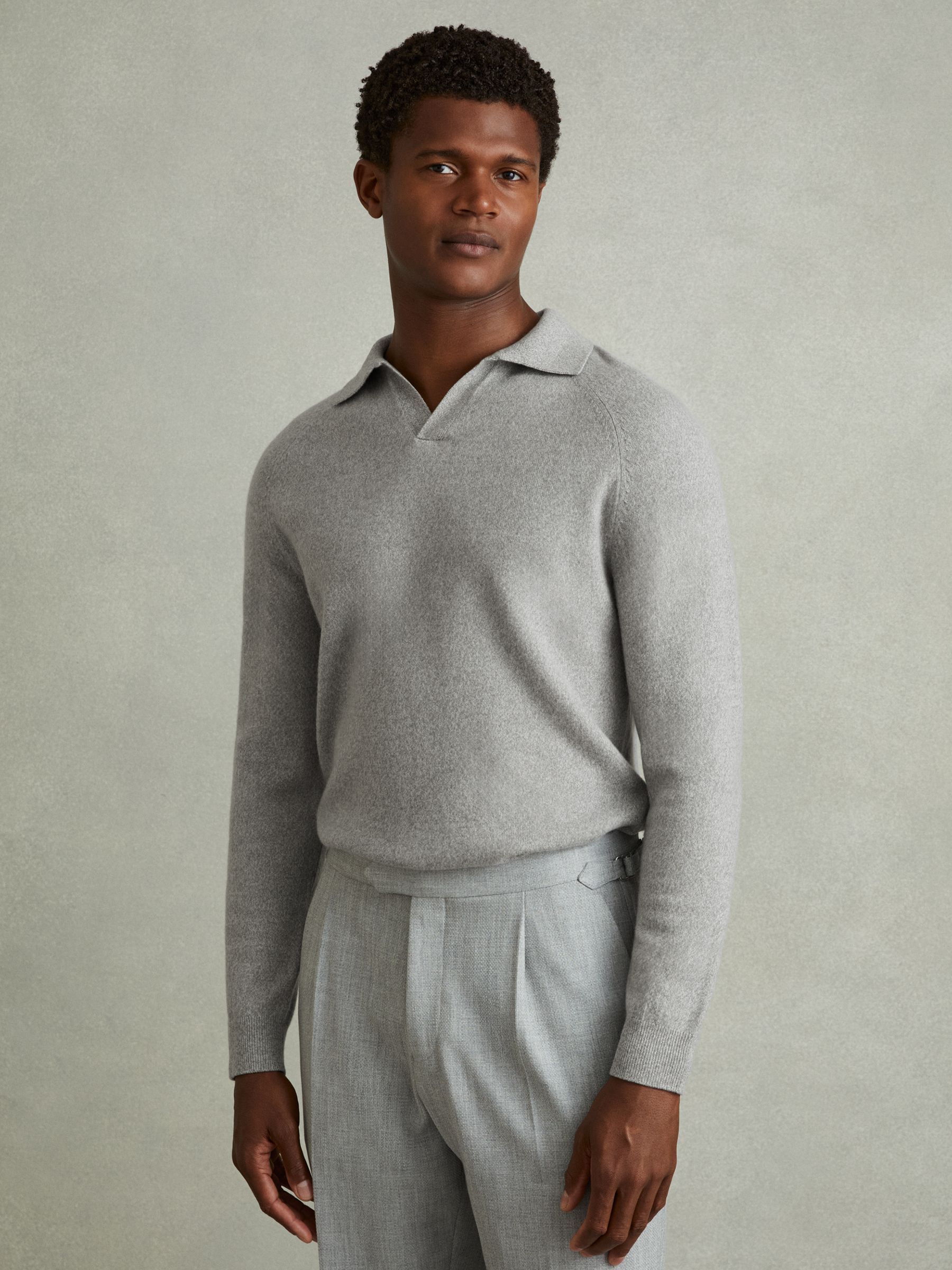 Wool-Cashmere Open-Collar Polo Shirt in Soft Grey Melange