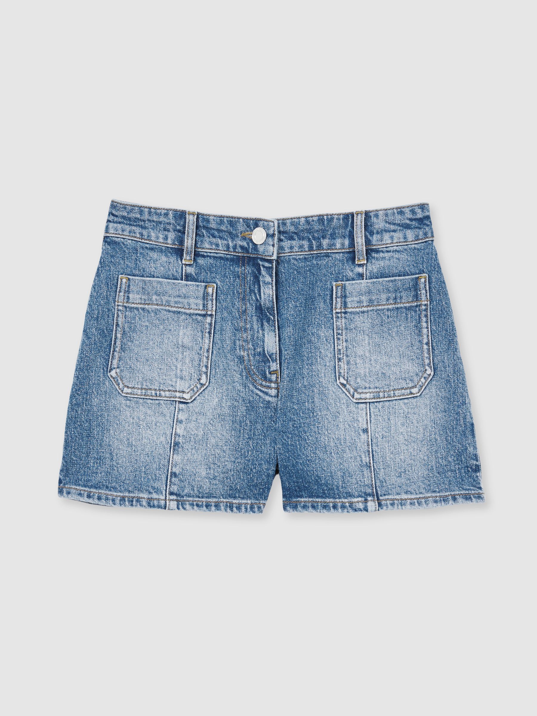 Mid-Rise Patch Pocket Denim Shorts in Mid Blue