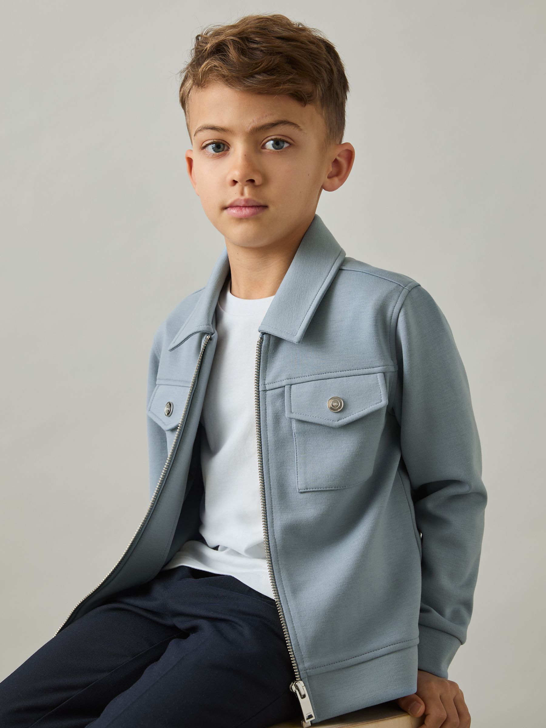 13-14 yrs Interlock Zip-Through Overshirt in Soft Denim Blue