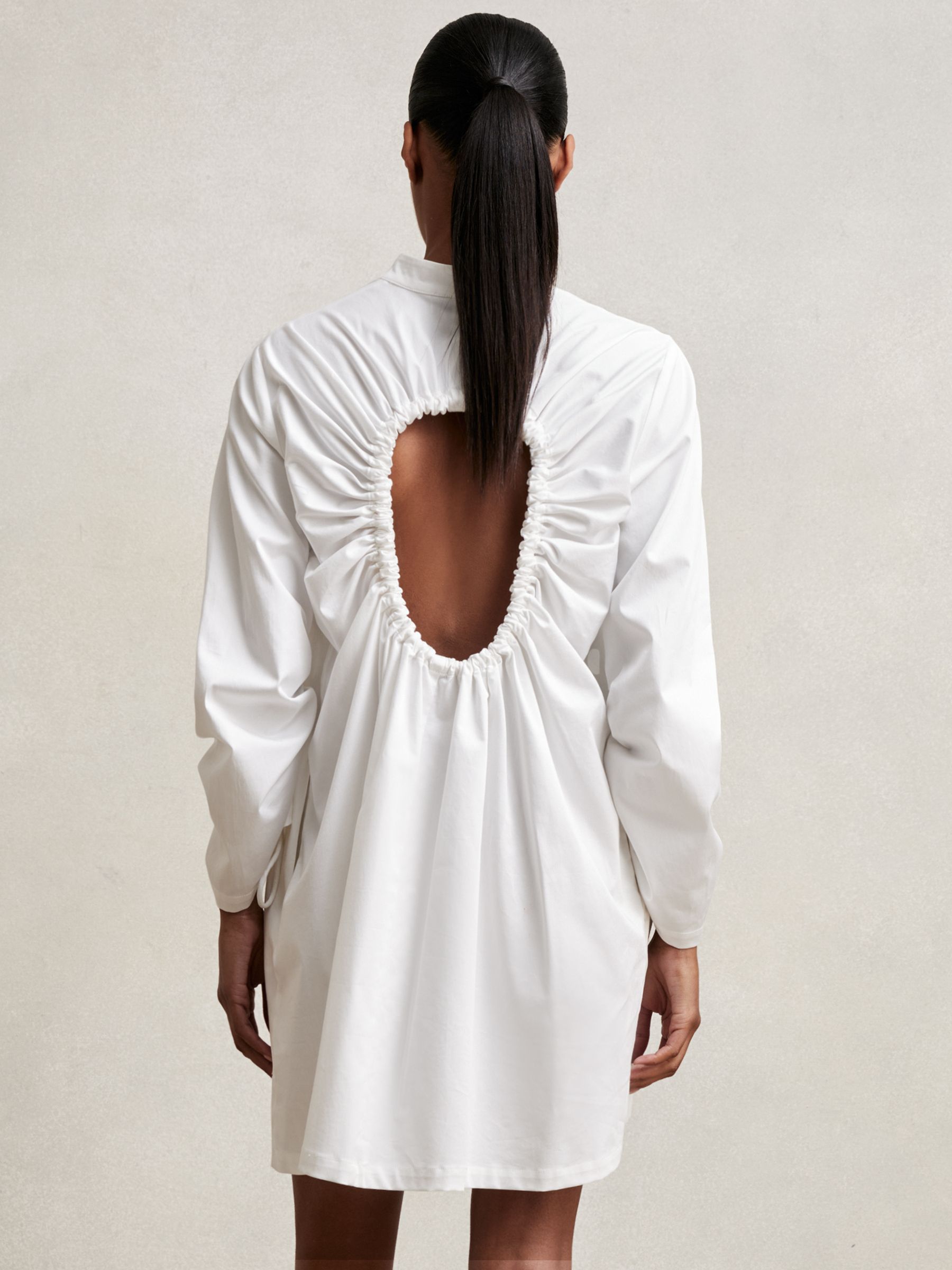 Cotton Gathered Cut-Out Shirt Dress with Stretch in Ivory
