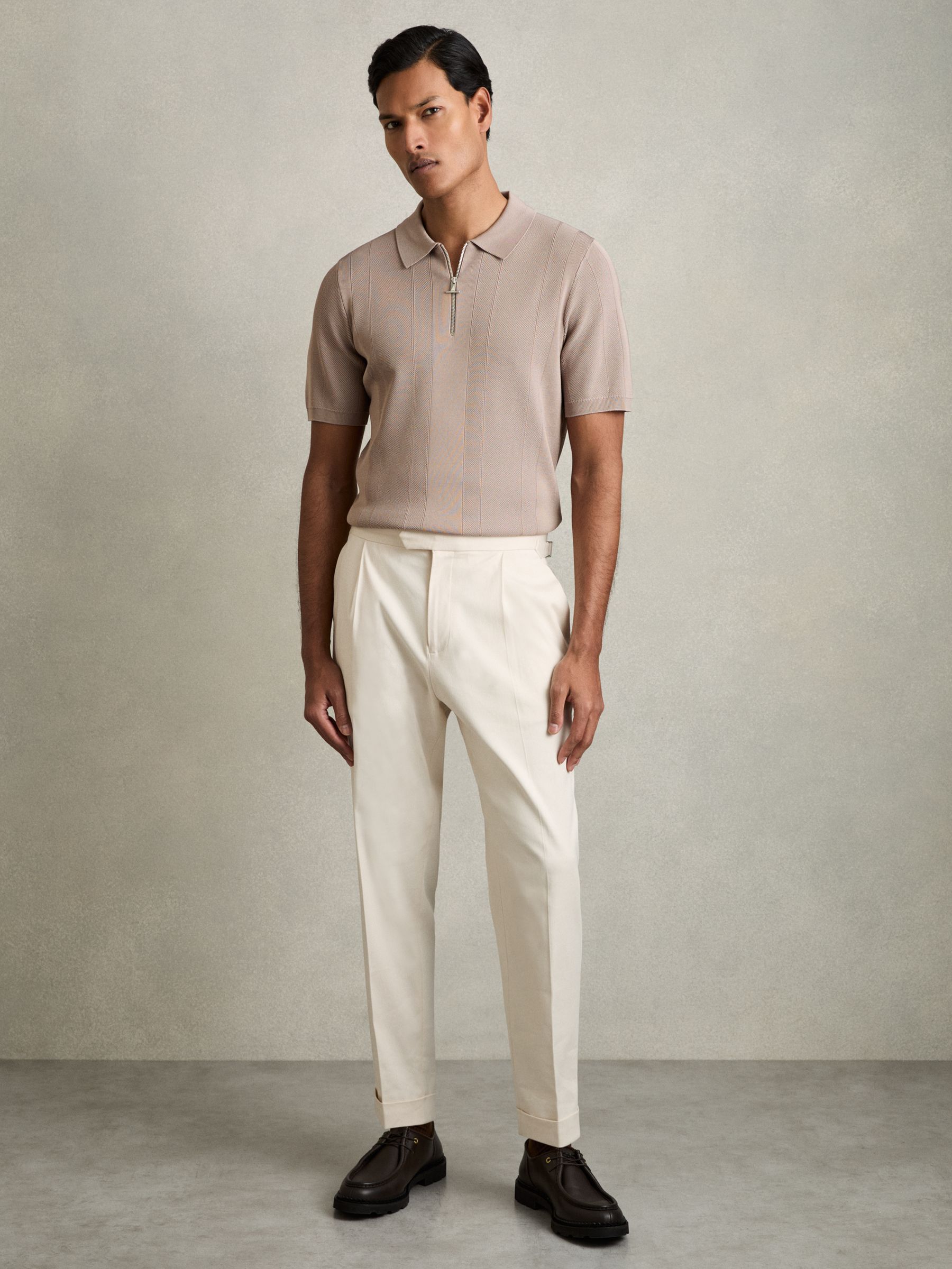 Half-Zip Textured-Knit Polo Shirt in Taupe Brown