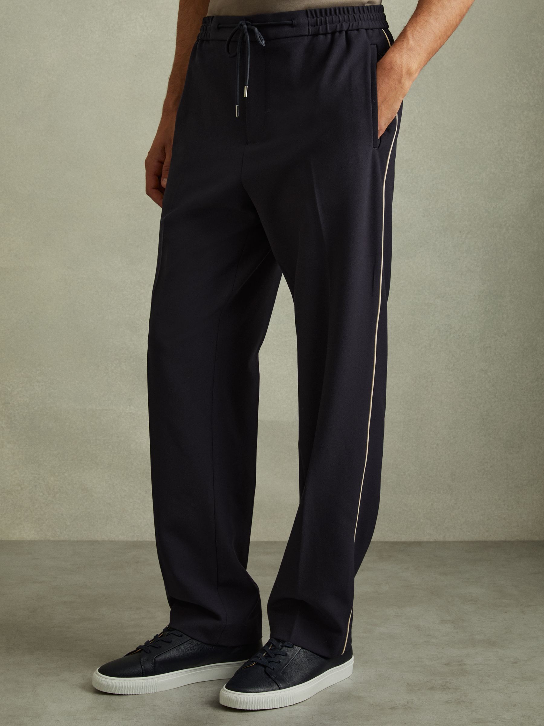 Relaxed Contrast Pipe Detail Trousers in Navy/Ivory Stripe