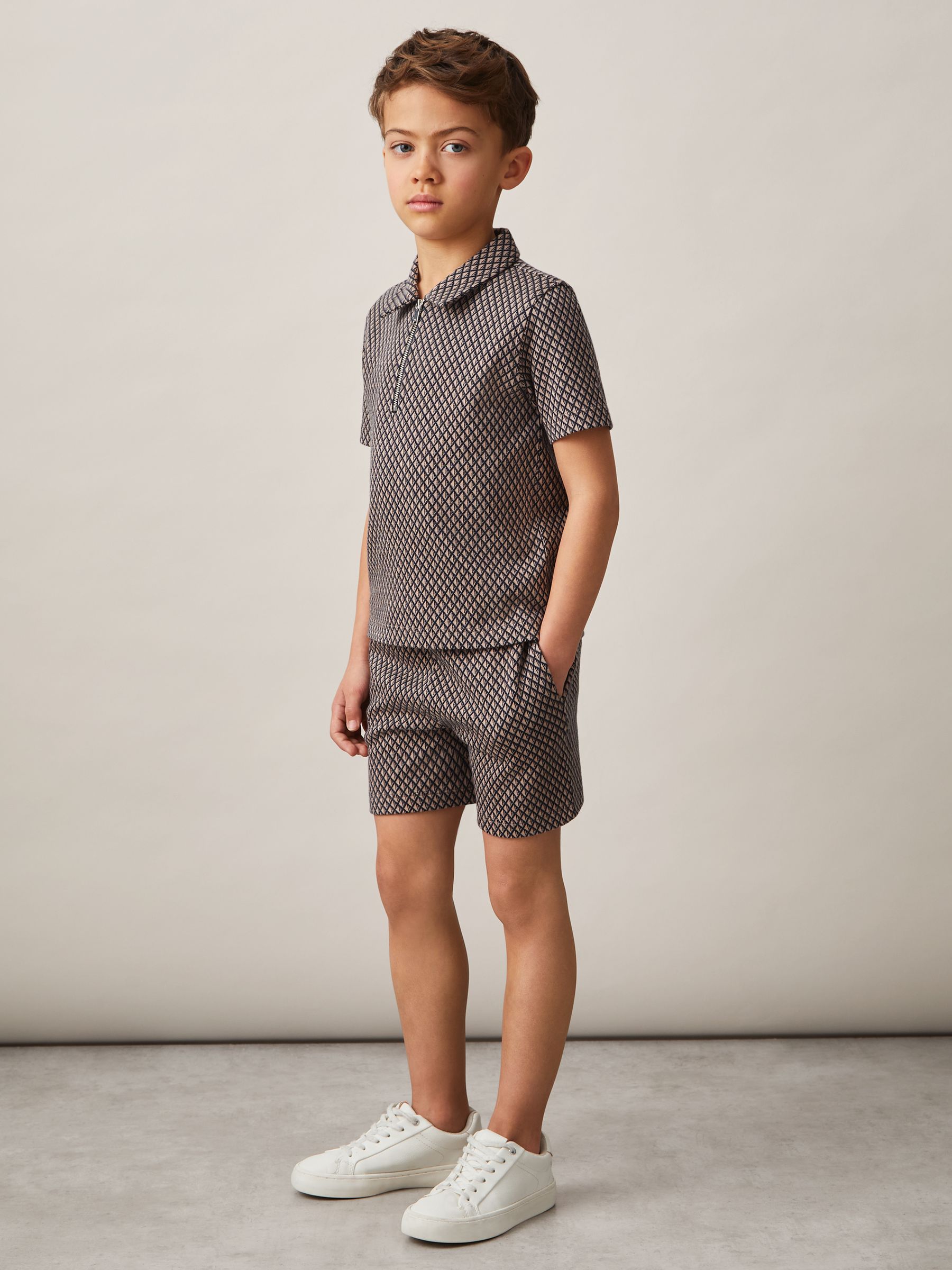 9-13 yrs Geometric Jacquard Polo Shirt in Tobacco Brown/Navy