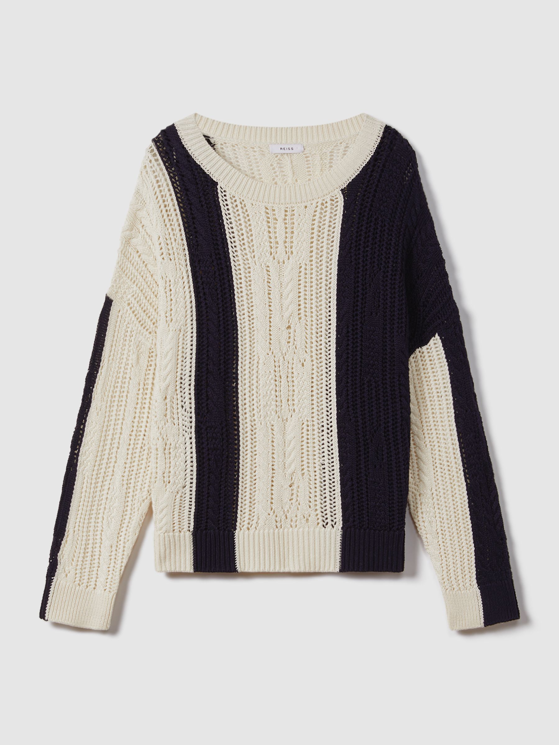 Cotton Blend Open Stitch Crew Neck Jumper in Cream/Navy