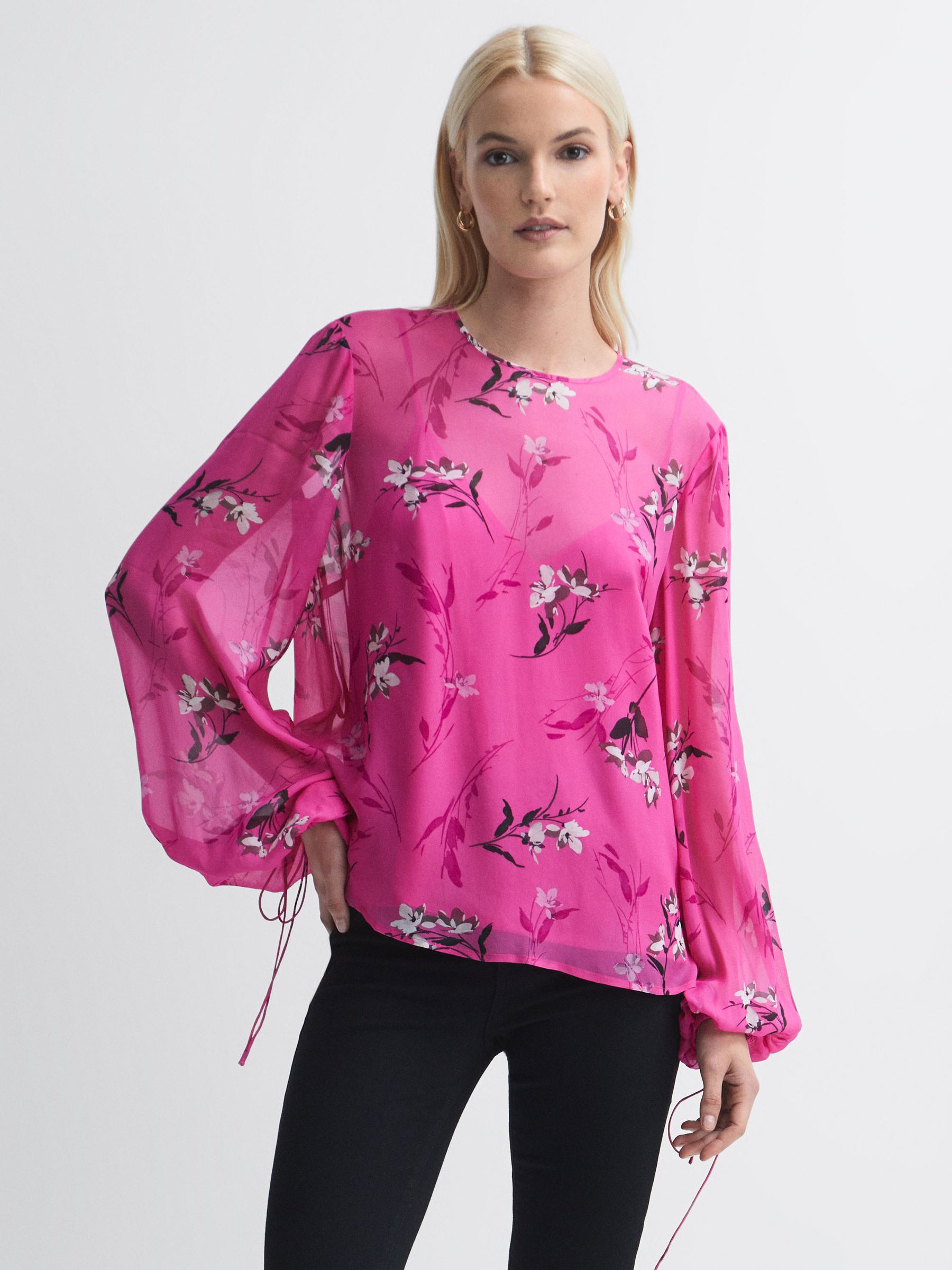 Florere Sheer Floral Top in Bright Pink