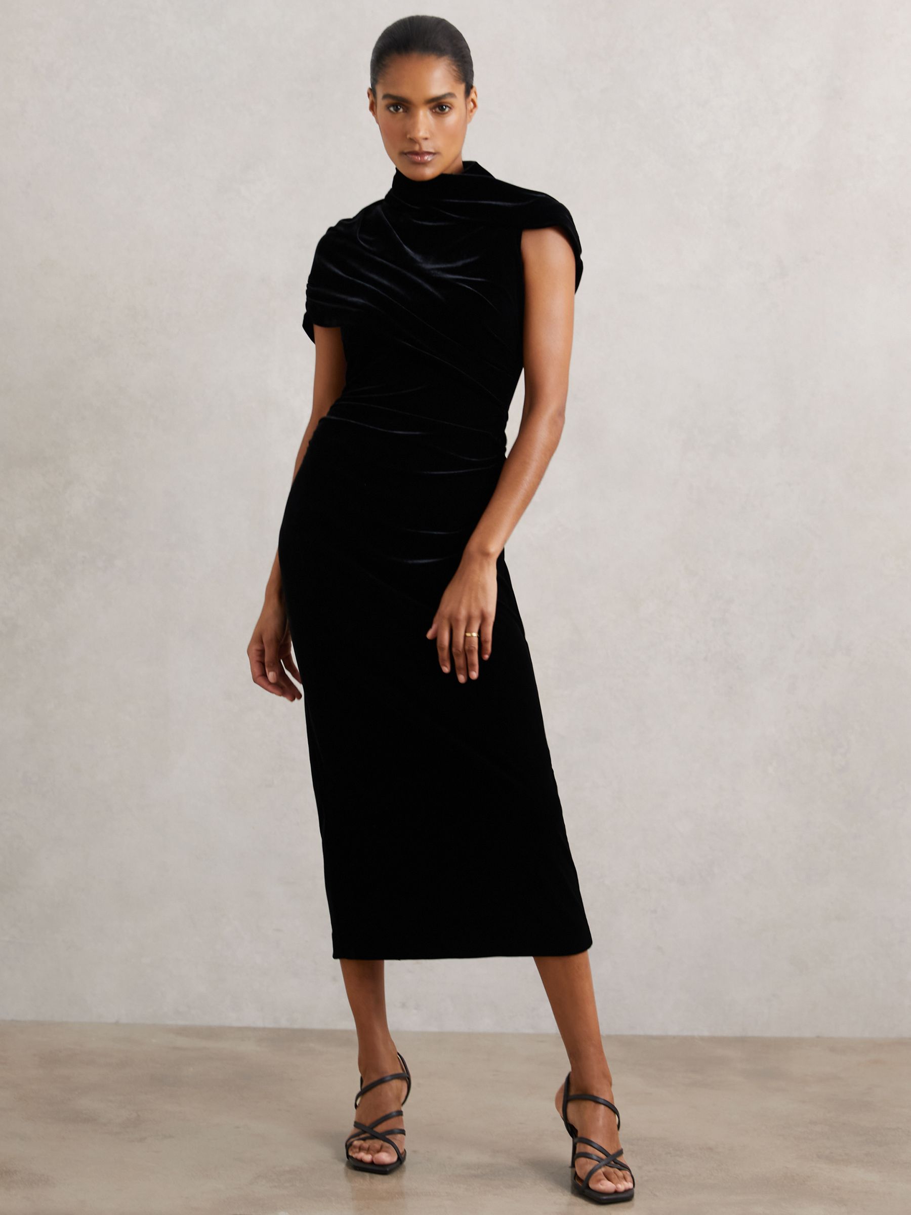 Velvet Draped-Neck Ruched Midi Dress in Black