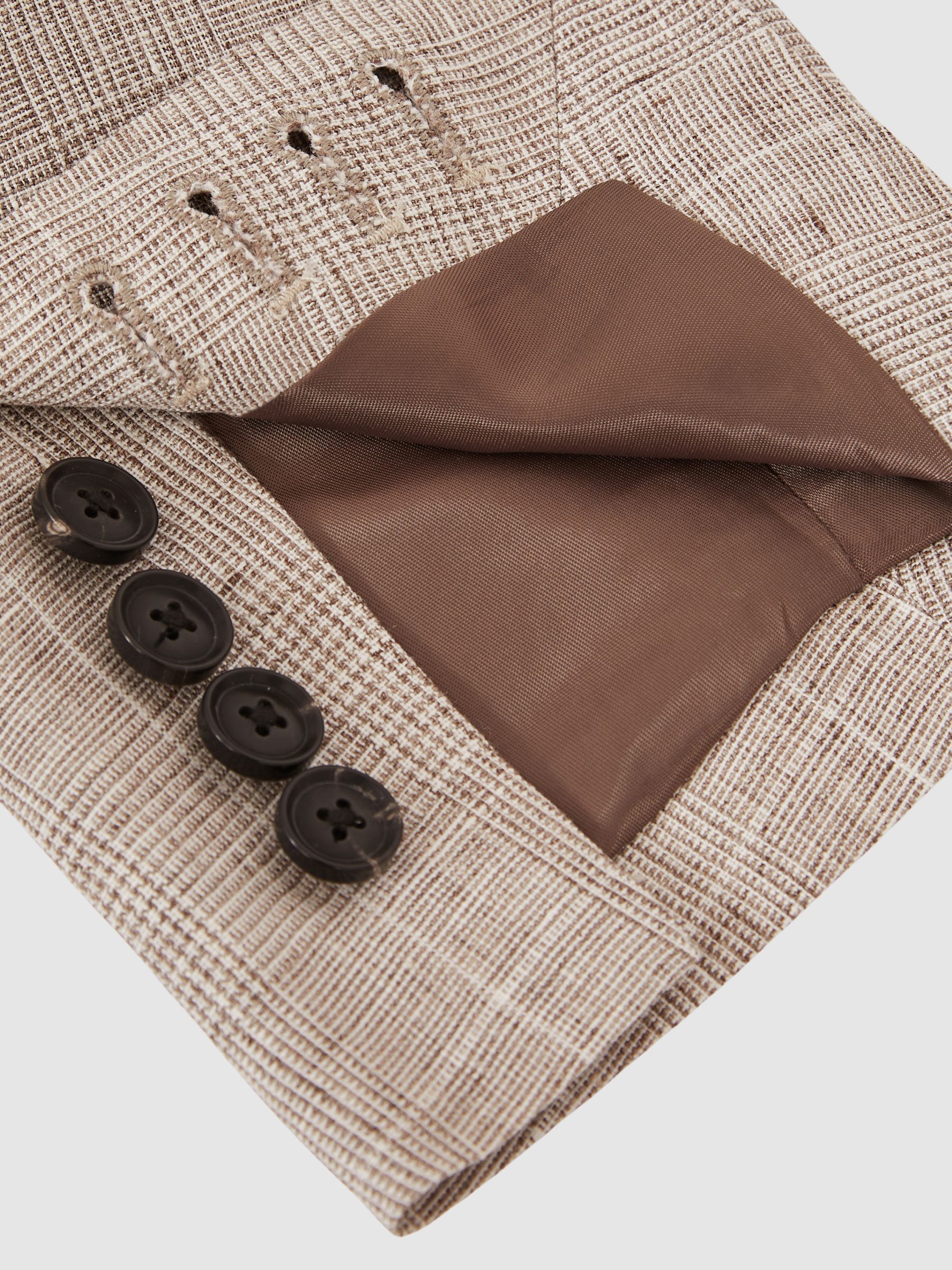 Slim Fit Linen Single Breasted Check Suit Blazer in Oatmeal