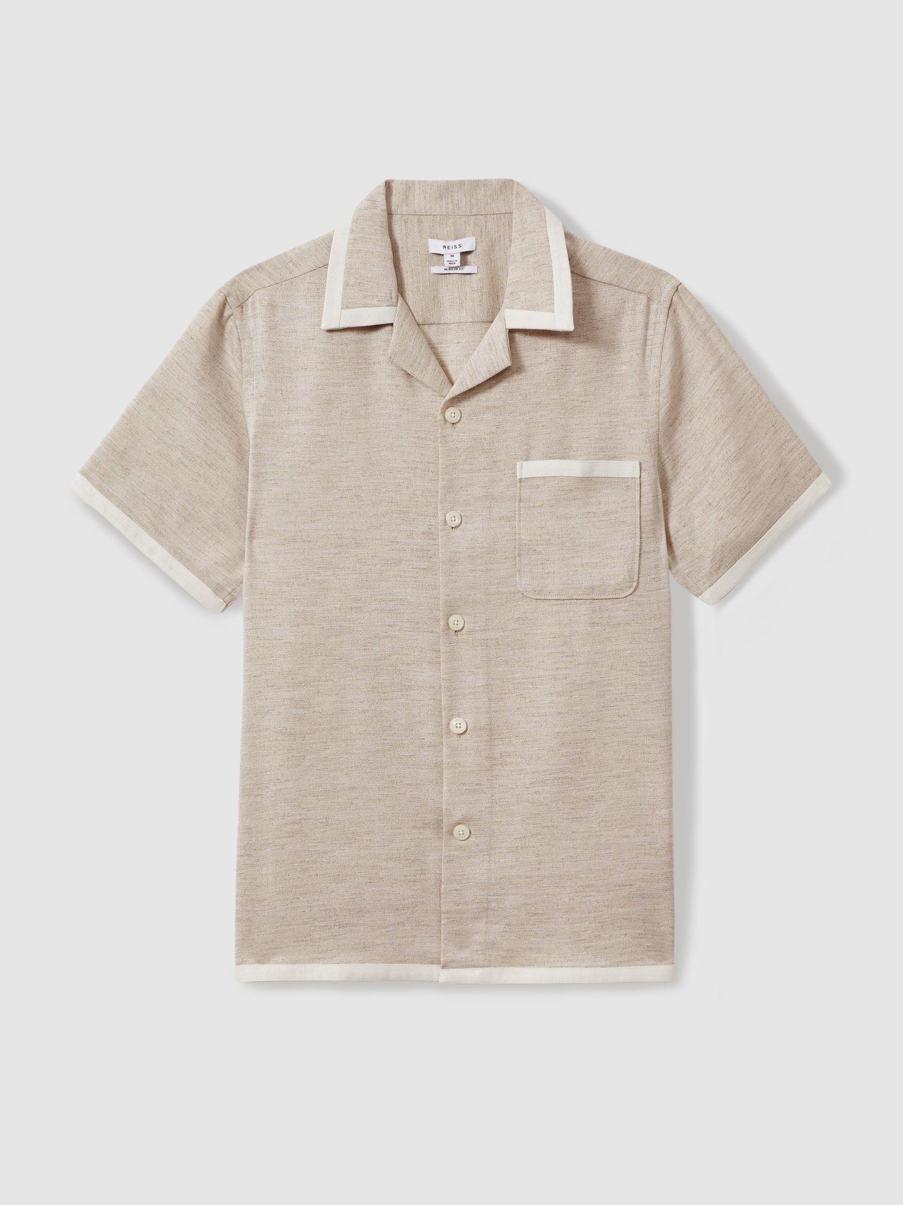 Contrast Trim Cuban Collar Shirt in Oatmeal/White