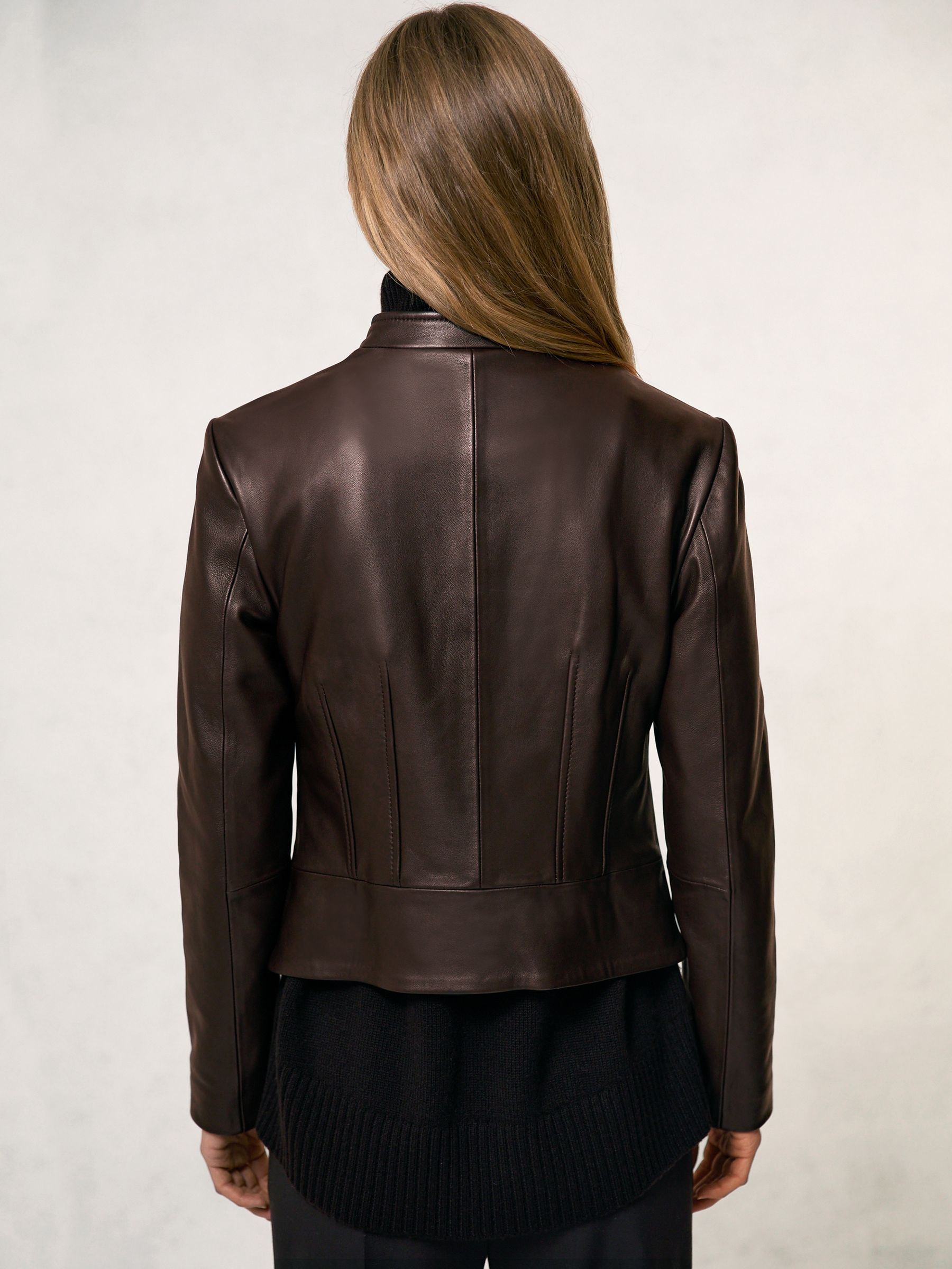 Leather Collarless Biker Jacket in Chocolate Brown