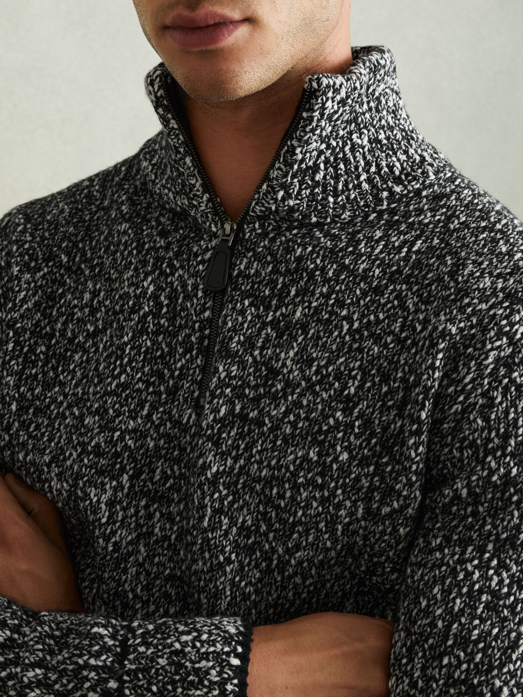 Marled Cotton and Wool Funnel-Neck Jumper in Black/White